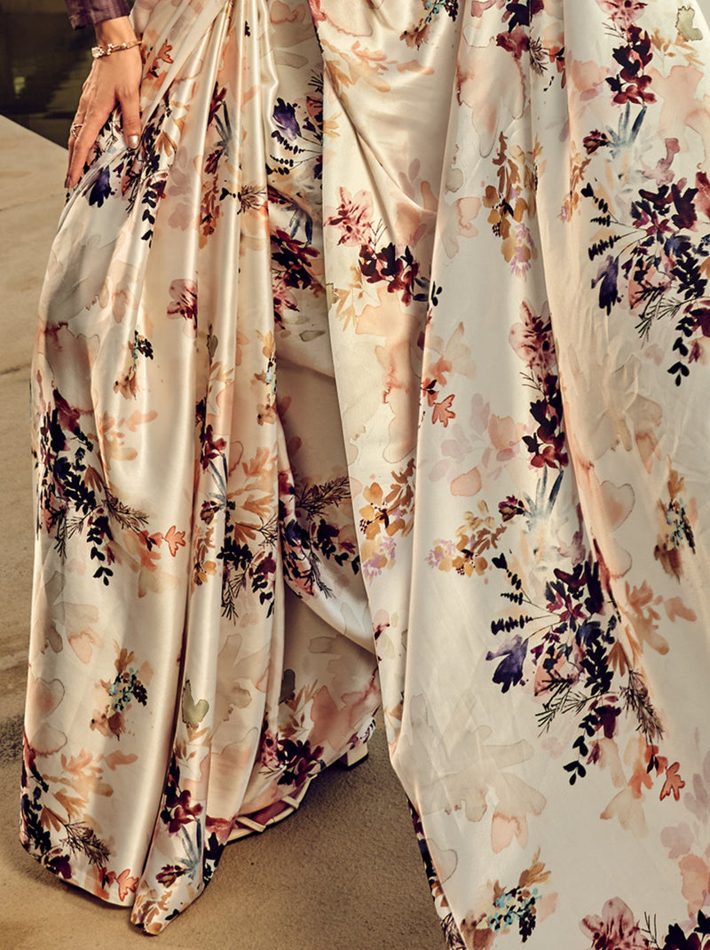 Pearl White Floral Pattern Digital Satin Crepe Saree