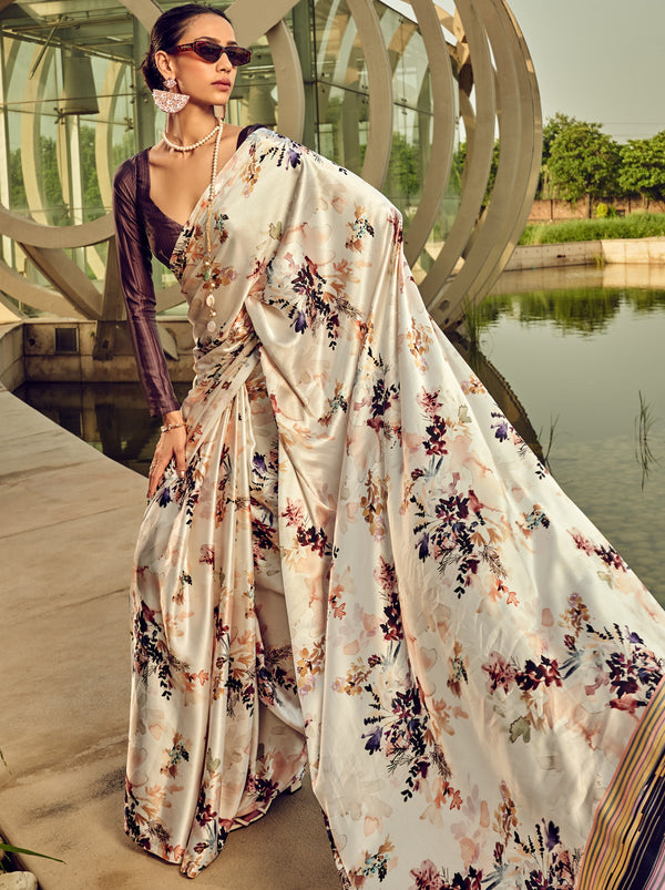 Pearl White Floral Pattern Digital Satin Crepe Saree