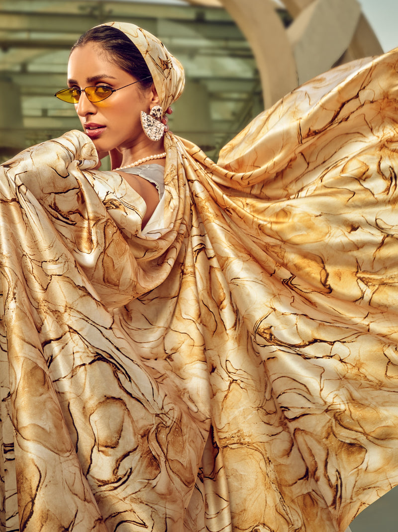 Silver White Fancy Digital Satin Crepe Saree With Unstitched Blouse