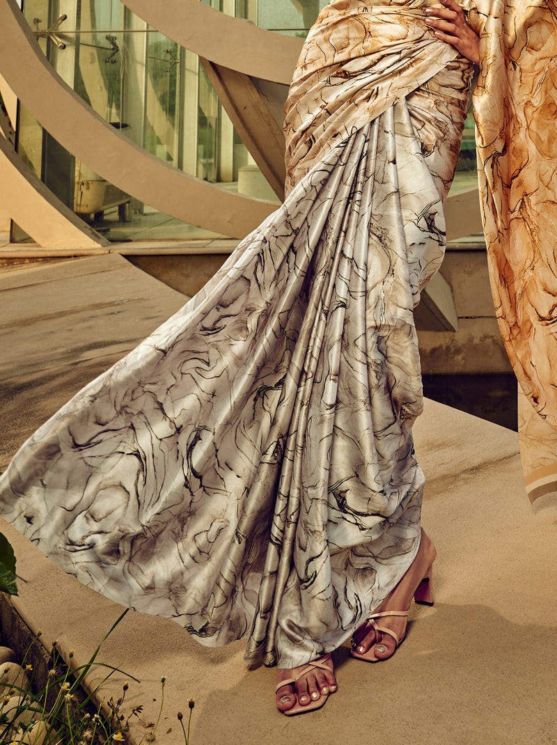 Silver White Fancy Digital Satin Crepe Saree With Unstitched Blouse