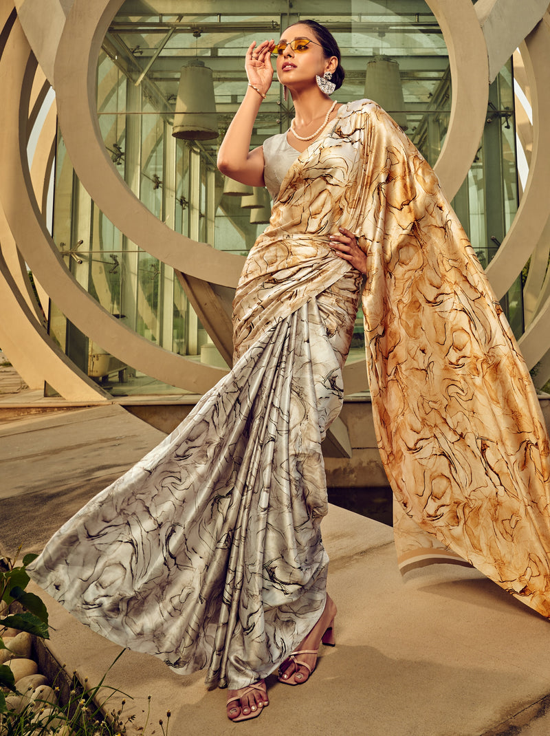 Silver White Fancy Digital Satin Crepe Saree With Unstitched Blouse
