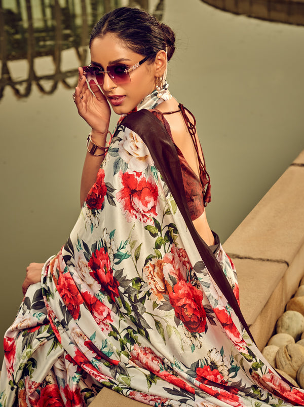 Snow White Floral Pattern Digital Satin Crepe Saree