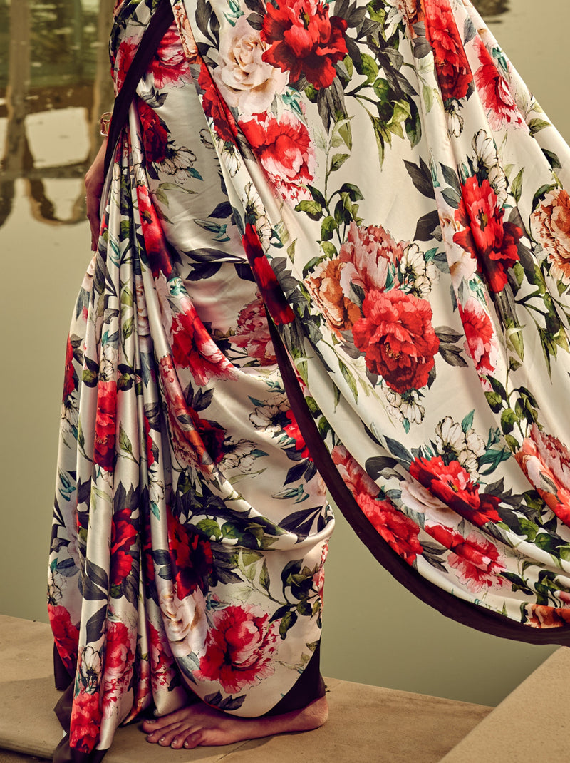Snow White Floral Pattern Digital Satin Crepe Saree
