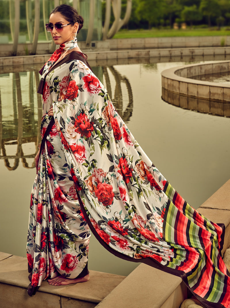Snow White Floral Pattern Digital Satin Crepe Saree