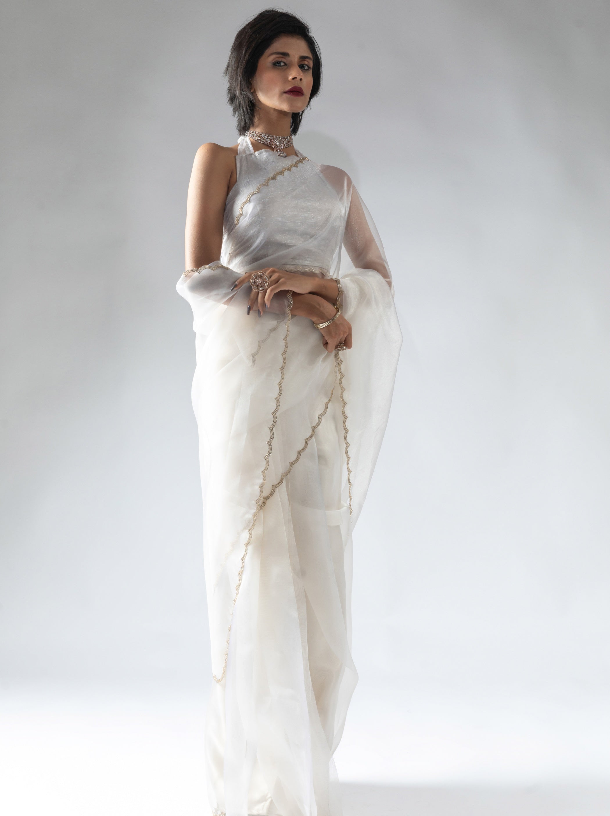 Pearl White Fancy Ready to Wear Organza Saree With Stone Work Border