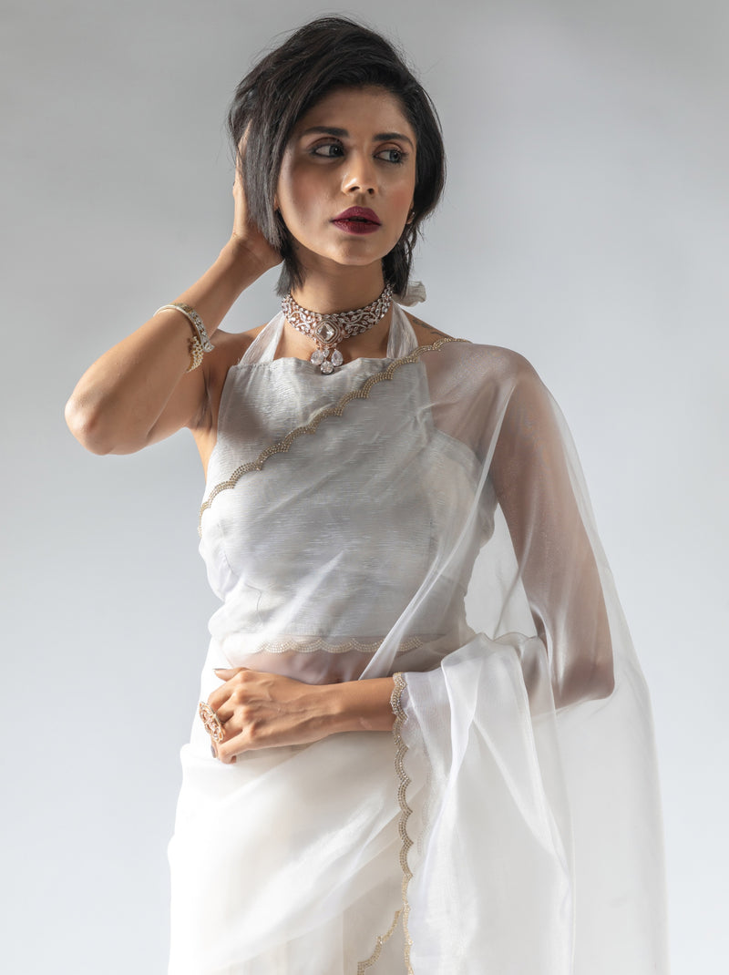 Pearl White Fancy Ready to Wear Organza Saree With Stone Work Border