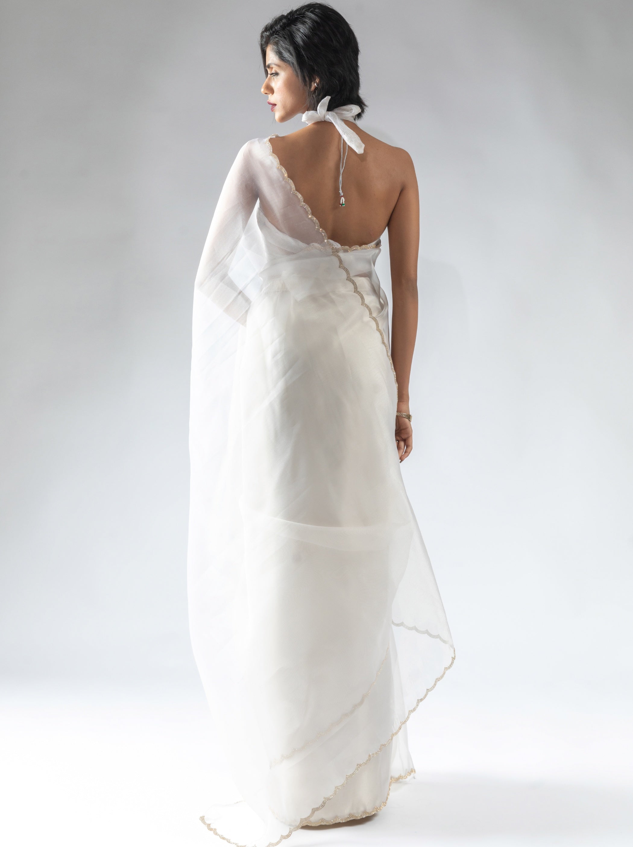 Pearl White Fancy Ready to Wear Organza Saree With Stone Work Border