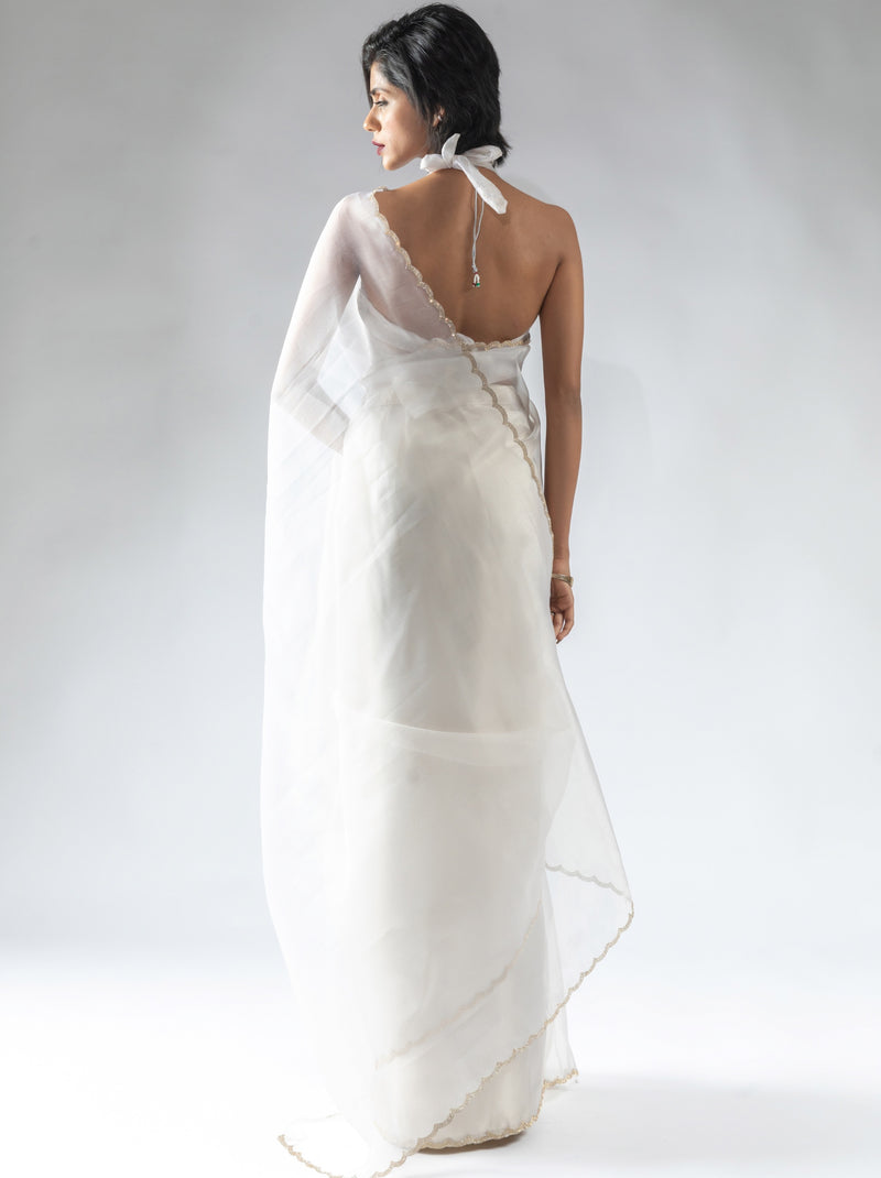 Pearl White Fancy Ready to Wear Organza Saree With Stone Work Border
