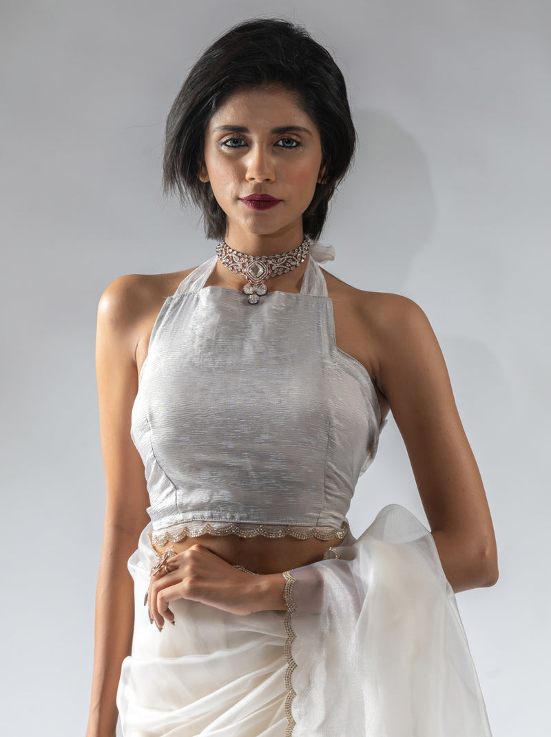 Pearl White Fancy Ready to Wear Organza Saree With Stone Work Border