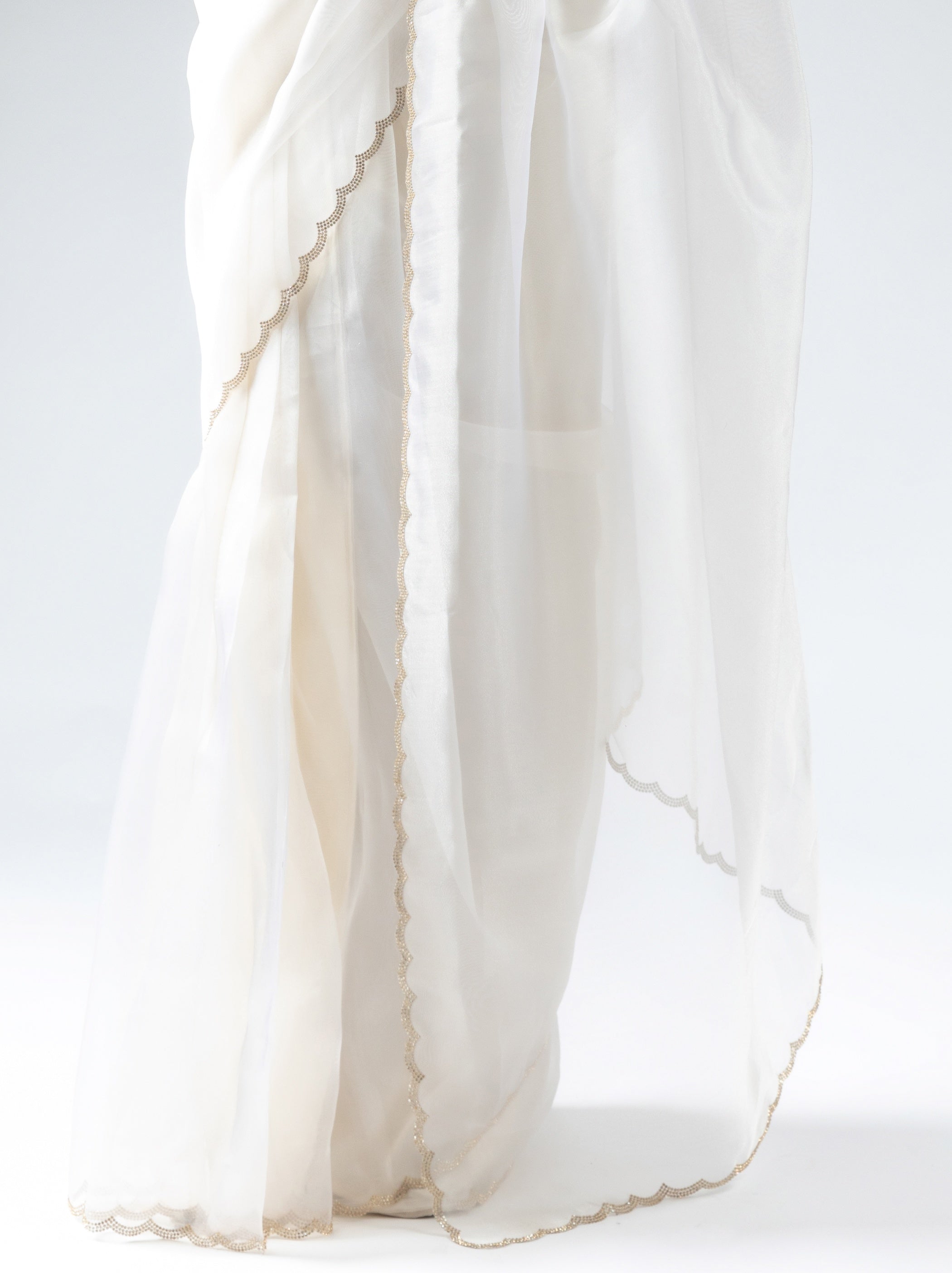 Pearl White Fancy Ready to Wear Organza Saree With Stone Work Border