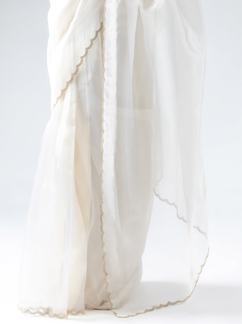 Pearl White Fancy Ready to Wear Organza Saree With Stone Work Border