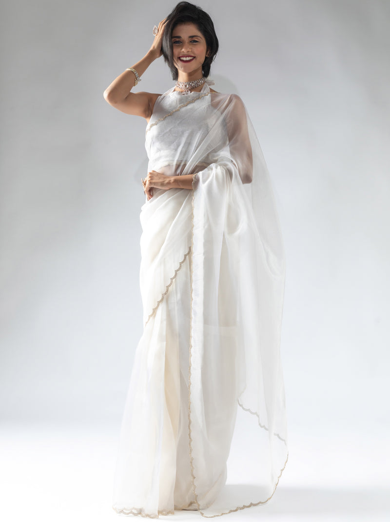 Pearl White Fancy Ready to Wear Organza Saree With Stone Work Border