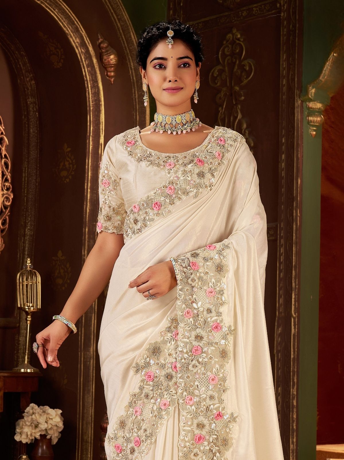 Pearl White Fancy Silk Wedding Saree With Designer Embroidery