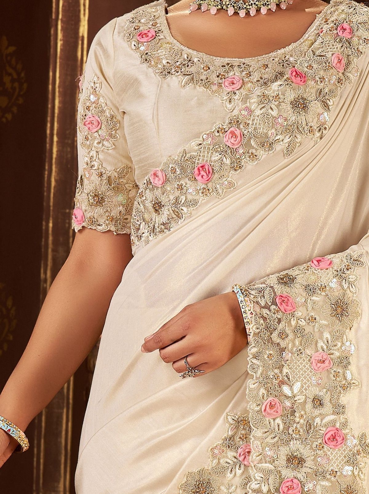 Pearl White Fancy Silk Wedding Saree With Designer Embroidery