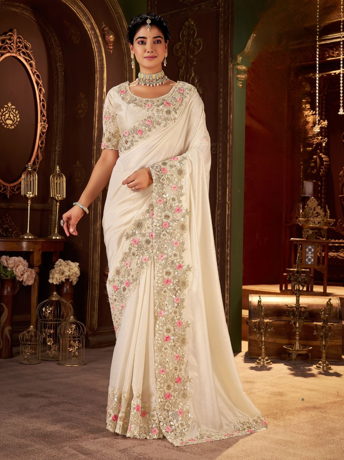 Pearl White Fancy Silk Wedding Saree With Designer Embroidery