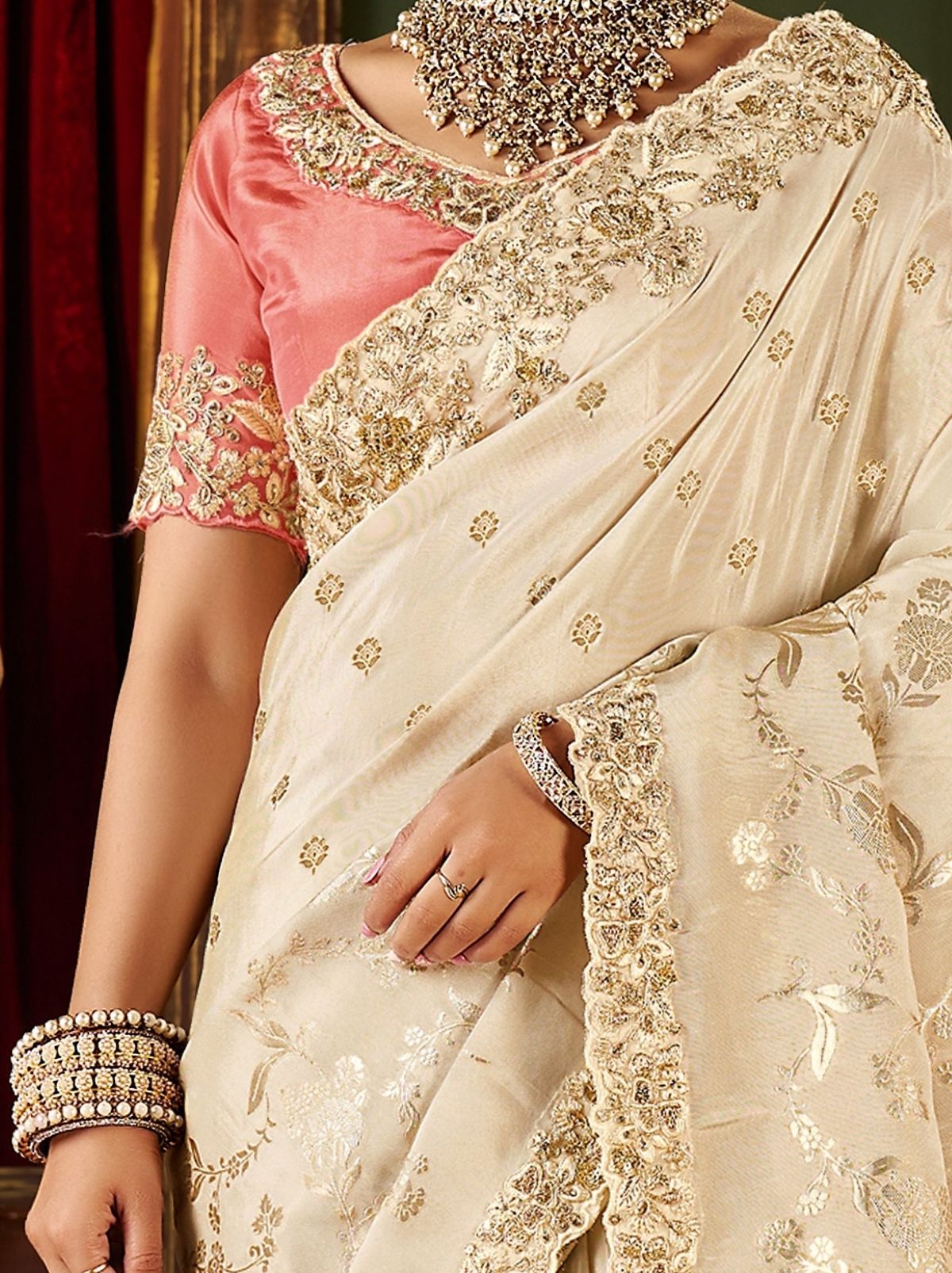 Warm White Fancy Silk Wedding Saree With Designer Embroidery