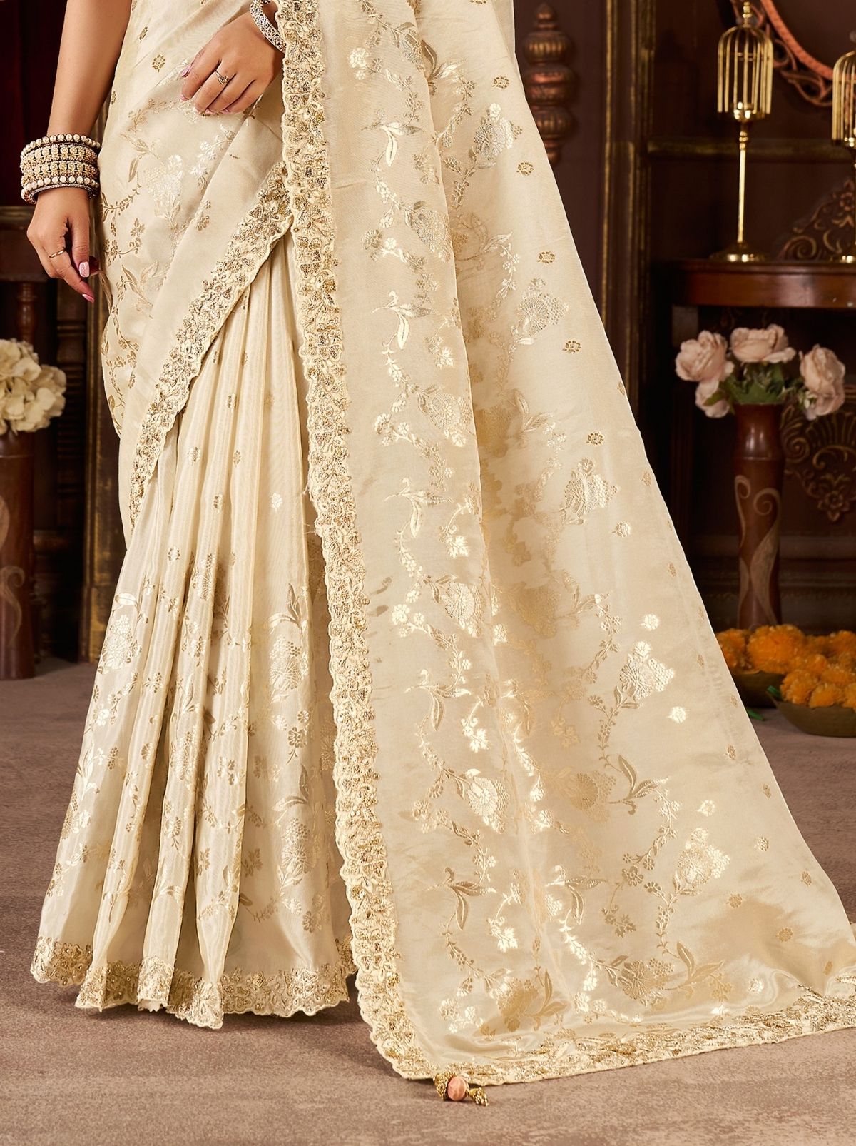 Warm White Fancy Silk Wedding Saree With Designer Embroidery