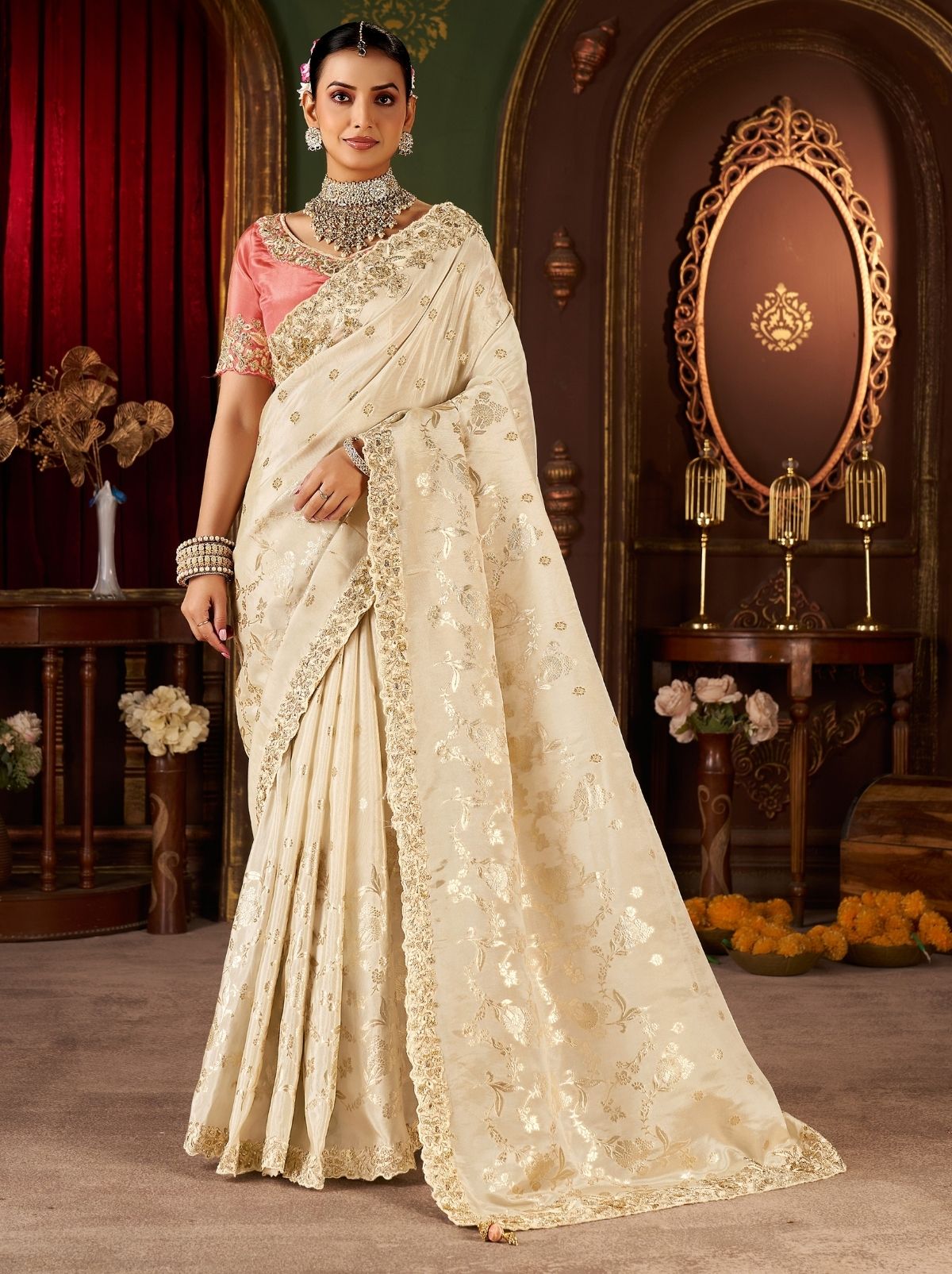 Warm White Fancy Silk Wedding Saree With Designer Embroidery