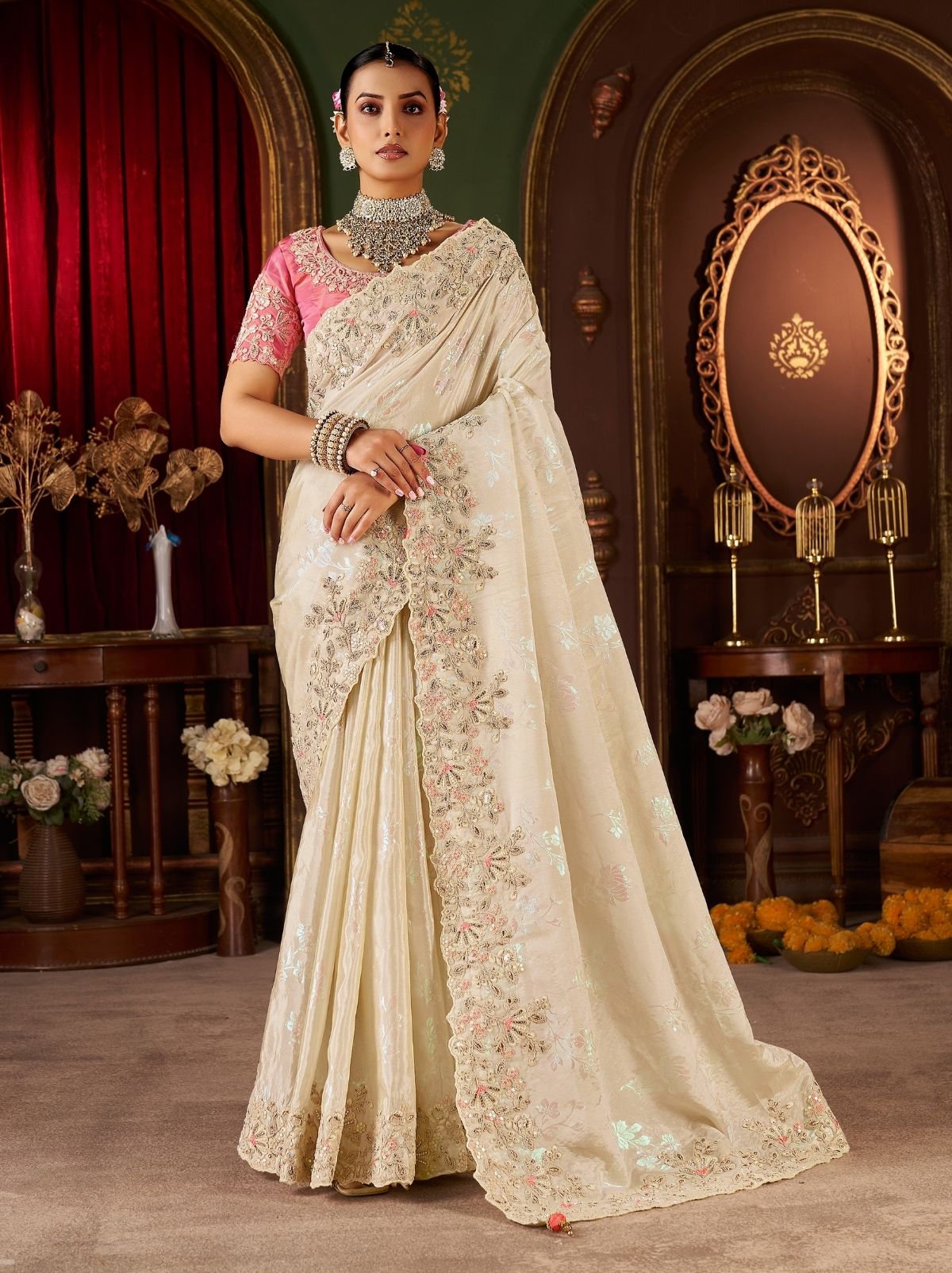 Whisper White Fancy Silk Wedding Saree With Designer Embroidery