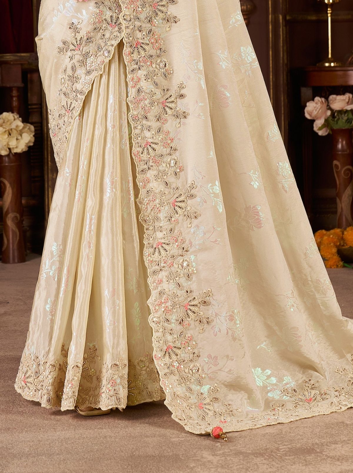 Whisper White Fancy Silk Wedding Saree With Designer Embroidery