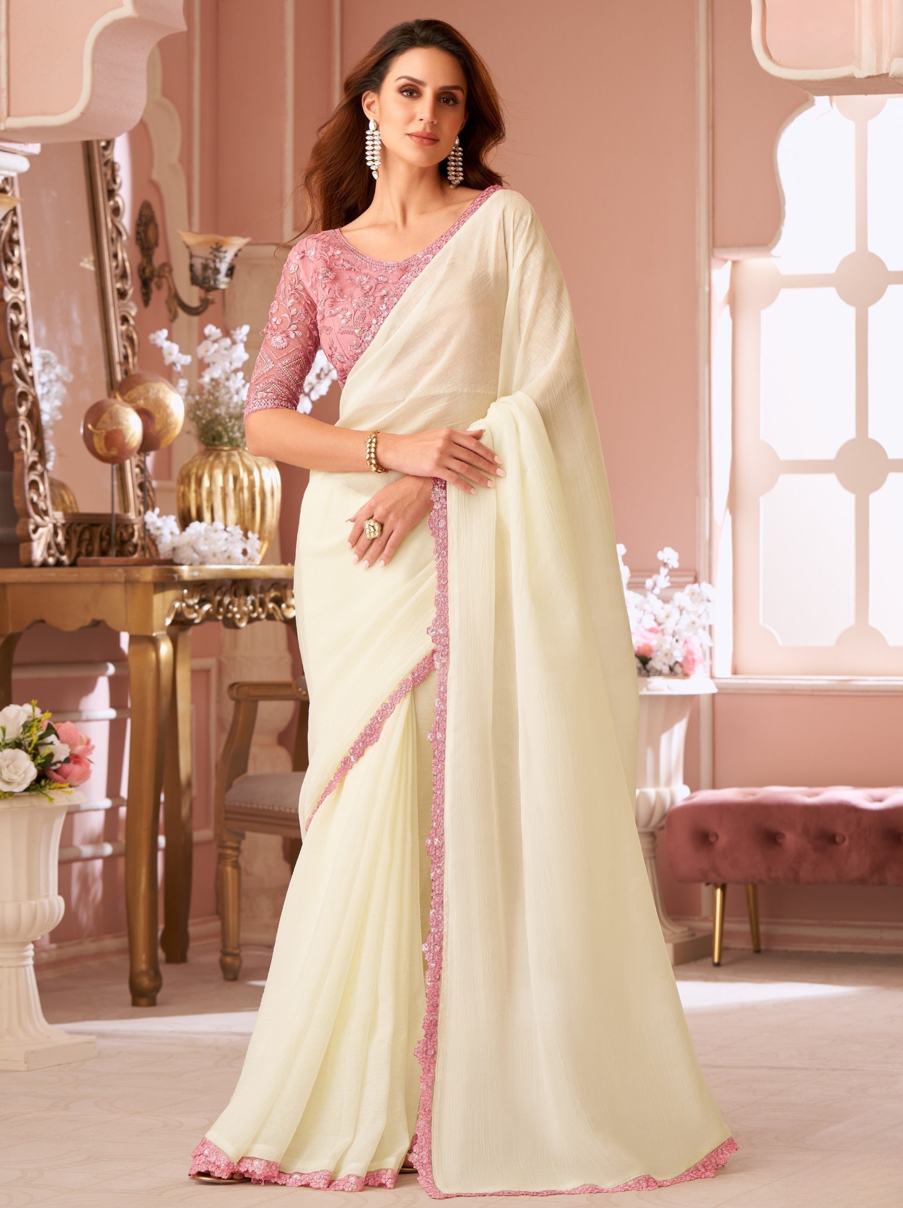 Pearl White Premium Designer Party Saree - TrendOye