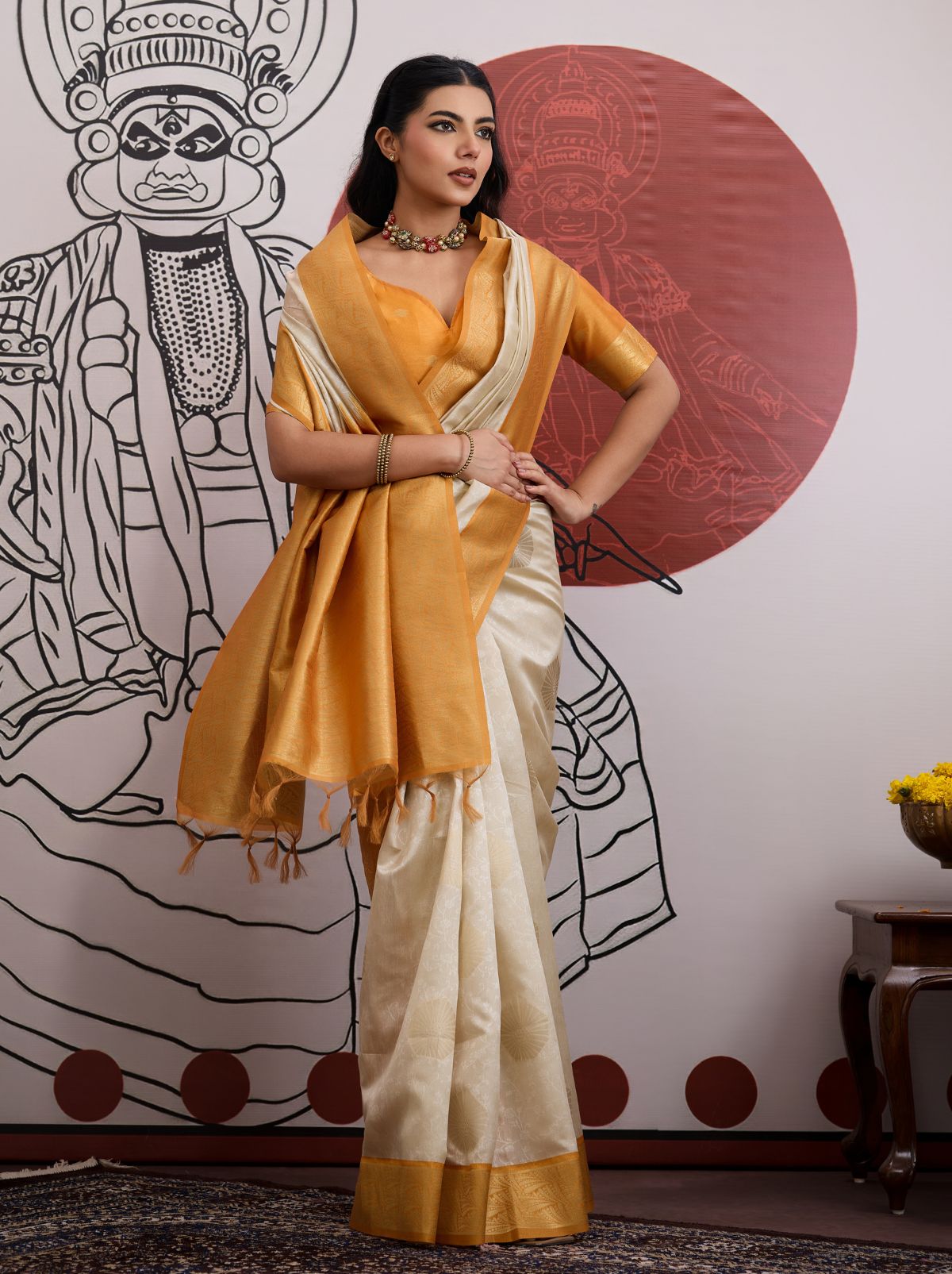 White-Golden Pongal Saree With Soft Gold Zari Weaving