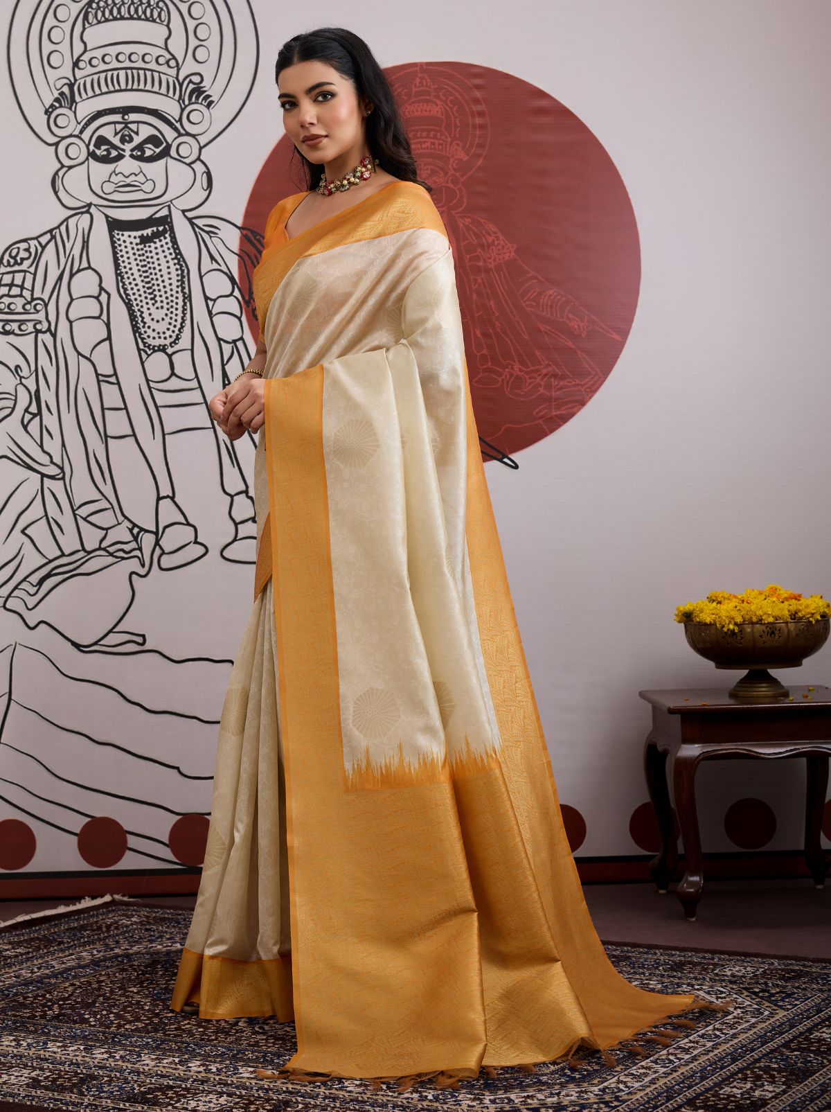 White-Golden Pongal Saree With Soft Gold Zari Weaving