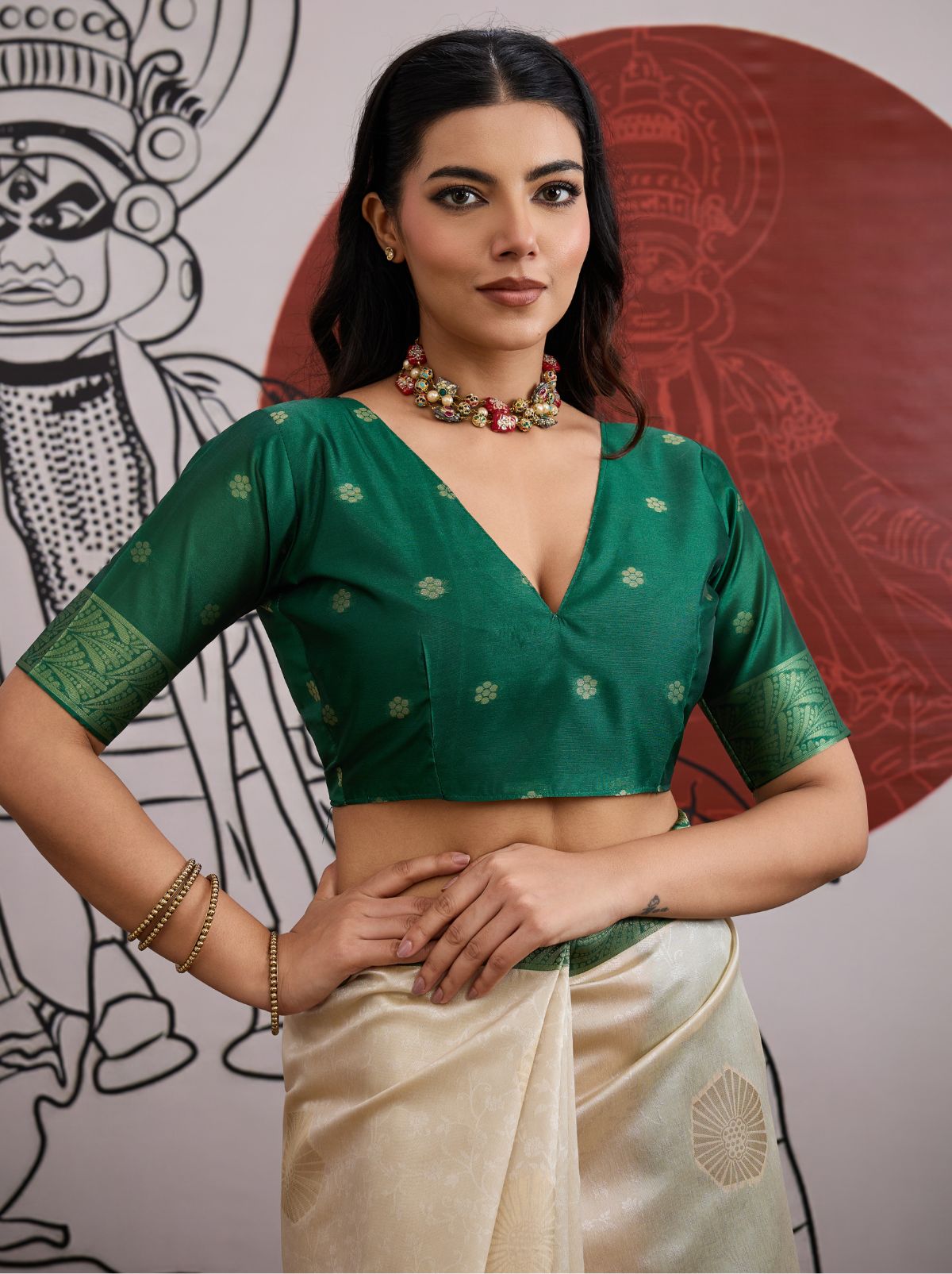 White-Green Pongal Saree With Soft Gold Zari Weaving