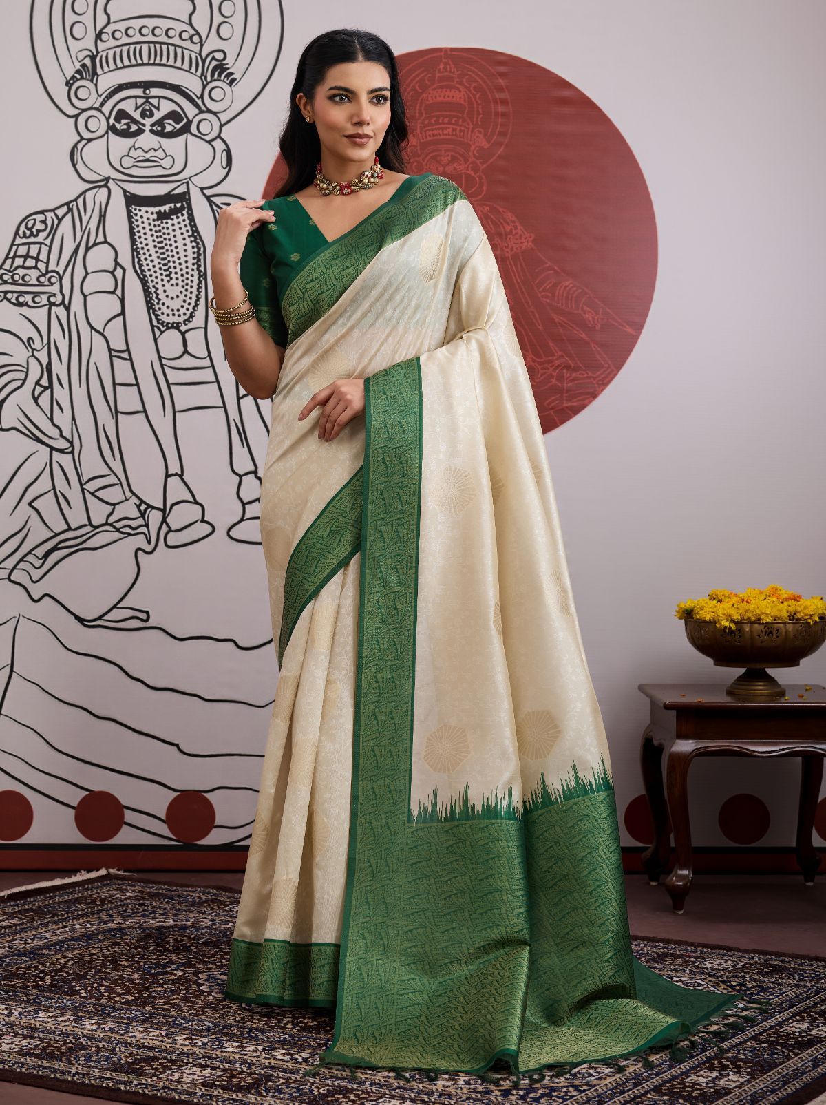 White-Green Pongal Saree With Soft Gold Zari Weaving