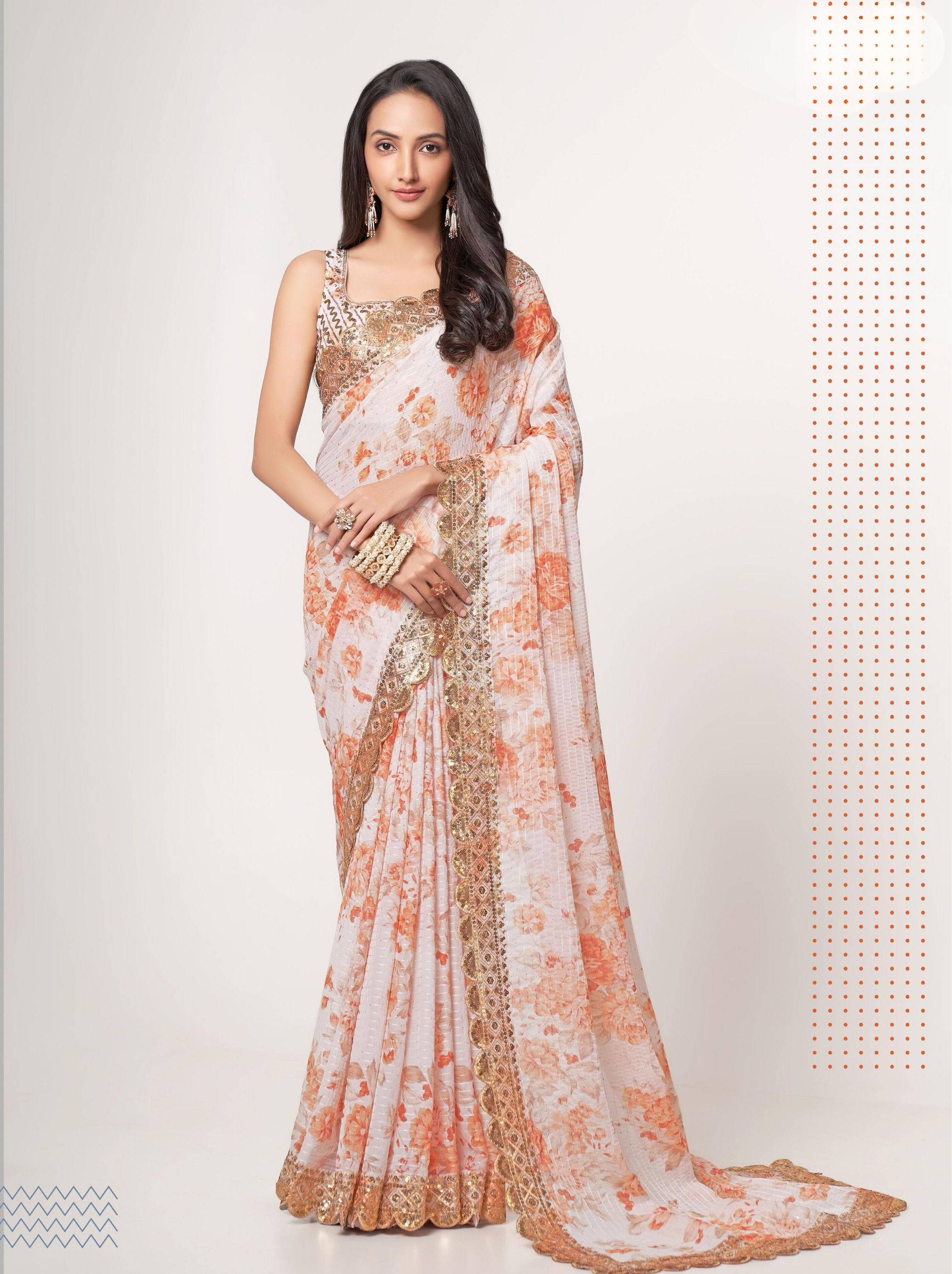 White Organza Digital Silk Sequin Saree - TrendOye