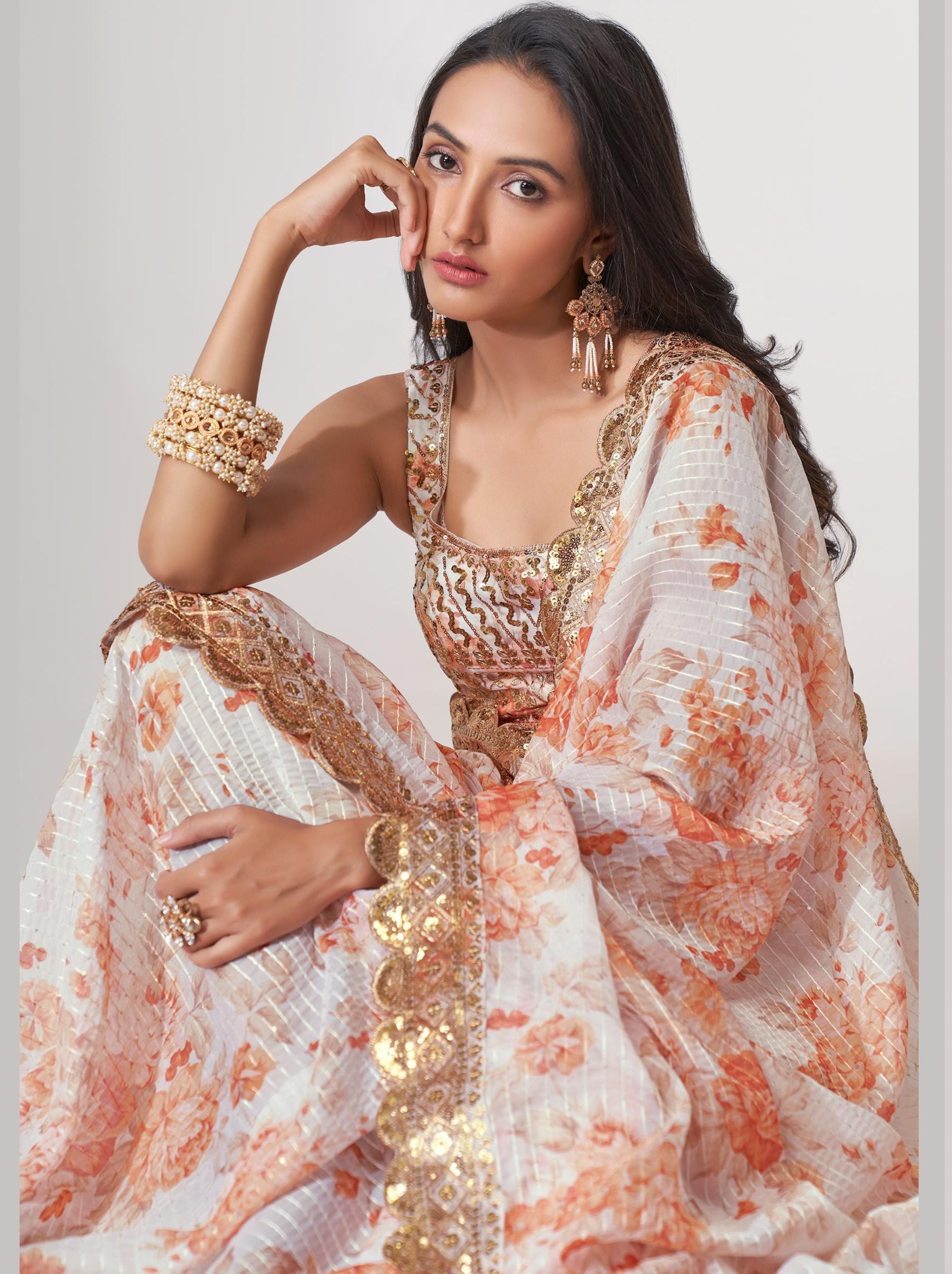 White Organza Digital Silk Sequin Saree - TrendOye