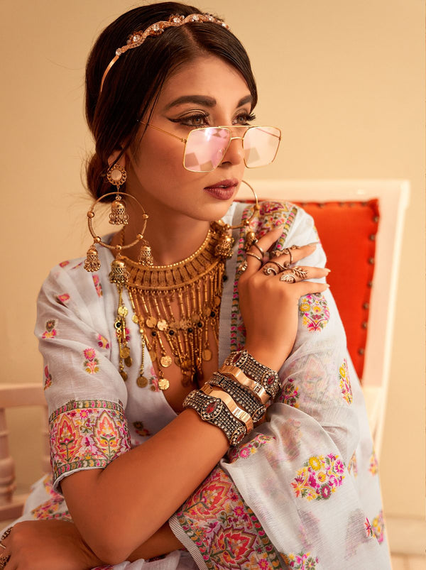 White Pashmina Silk Saree With Colorful Woven Motifs - TrendOye
