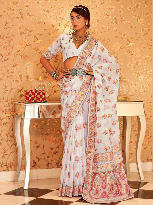 White Pashmina Silk Saree With Colorful Woven Motifs - TrendOye