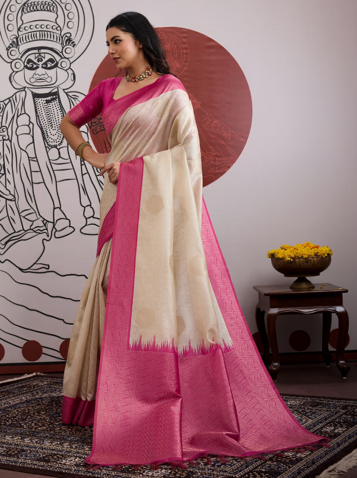 White-Pink Pongal Saree With Soft Gold Zari Weaving