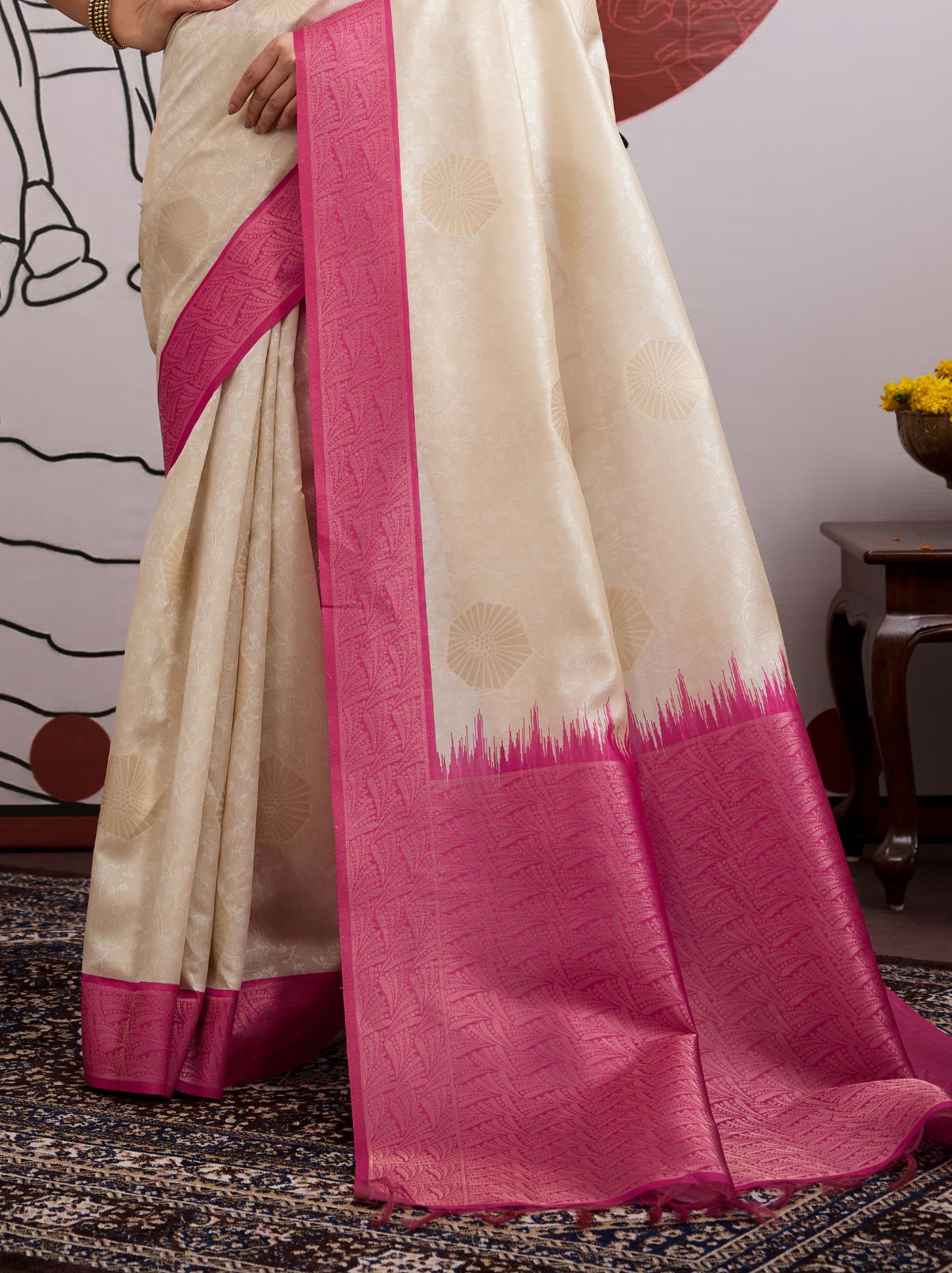 White-Pink Pongal Saree With Soft Gold Zari Weaving