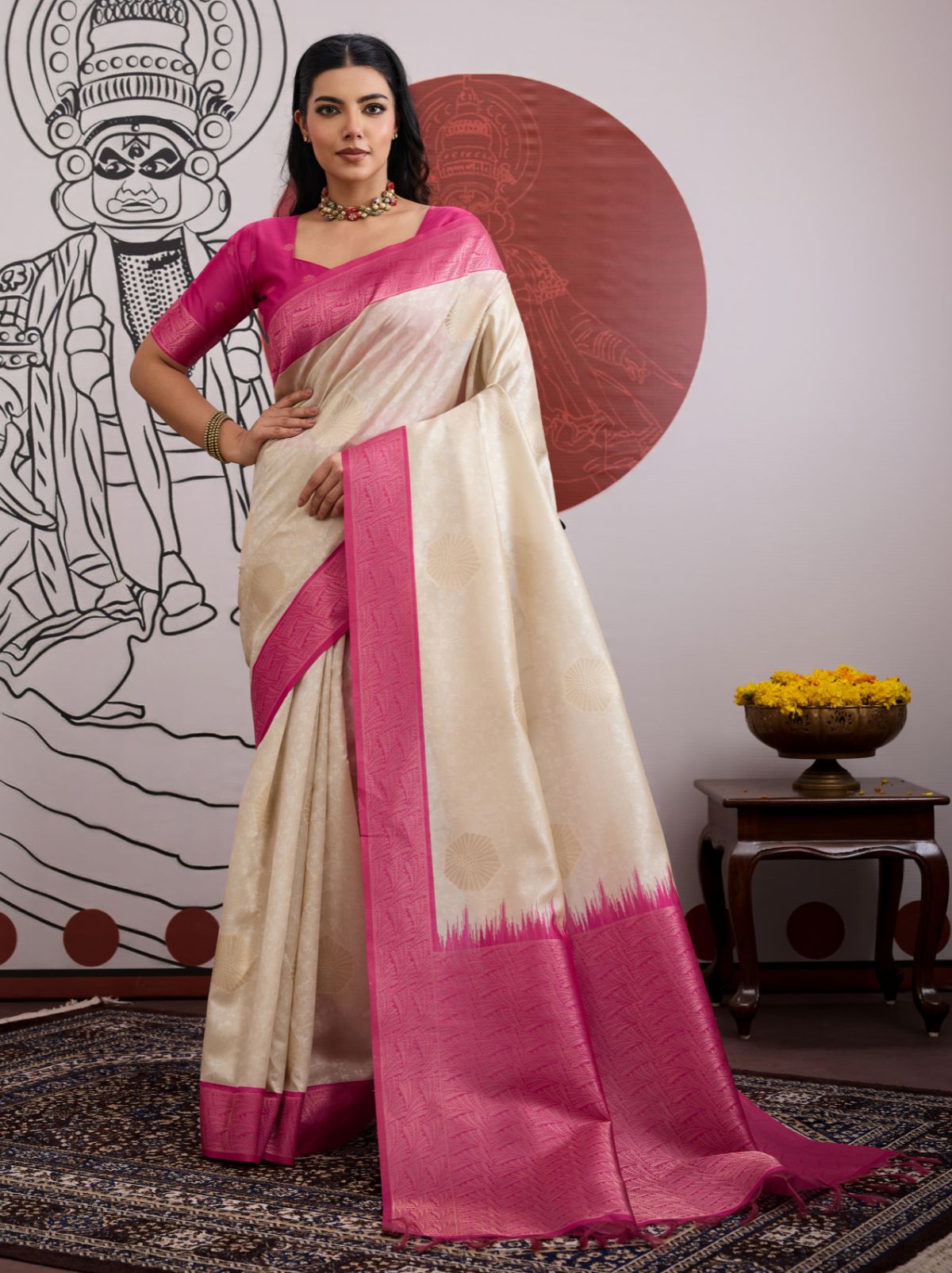 White-Pink Pongal Saree With Soft Gold Zari Weaving