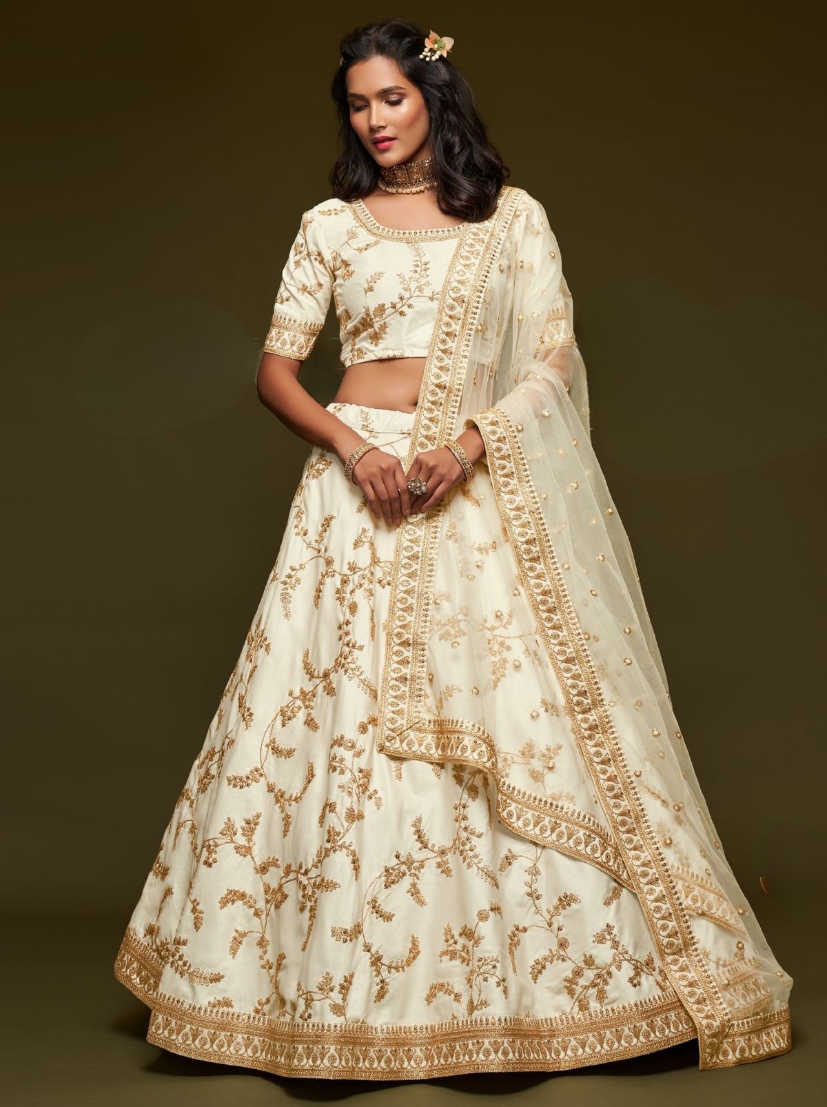 Pearl White Premium Celebration Lehenga Set With Sequin & Zari Work