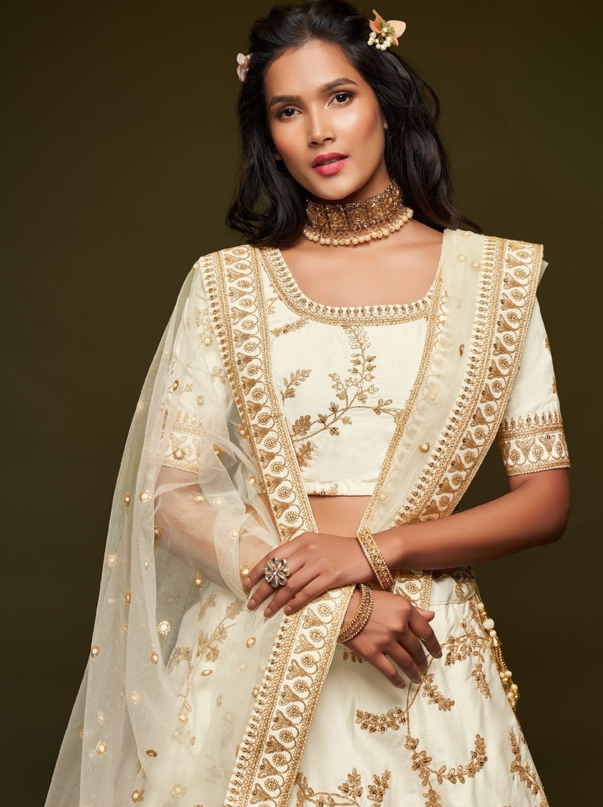 Pearl White Premium Celebration Lehenga Set With Sequin & Zari Work