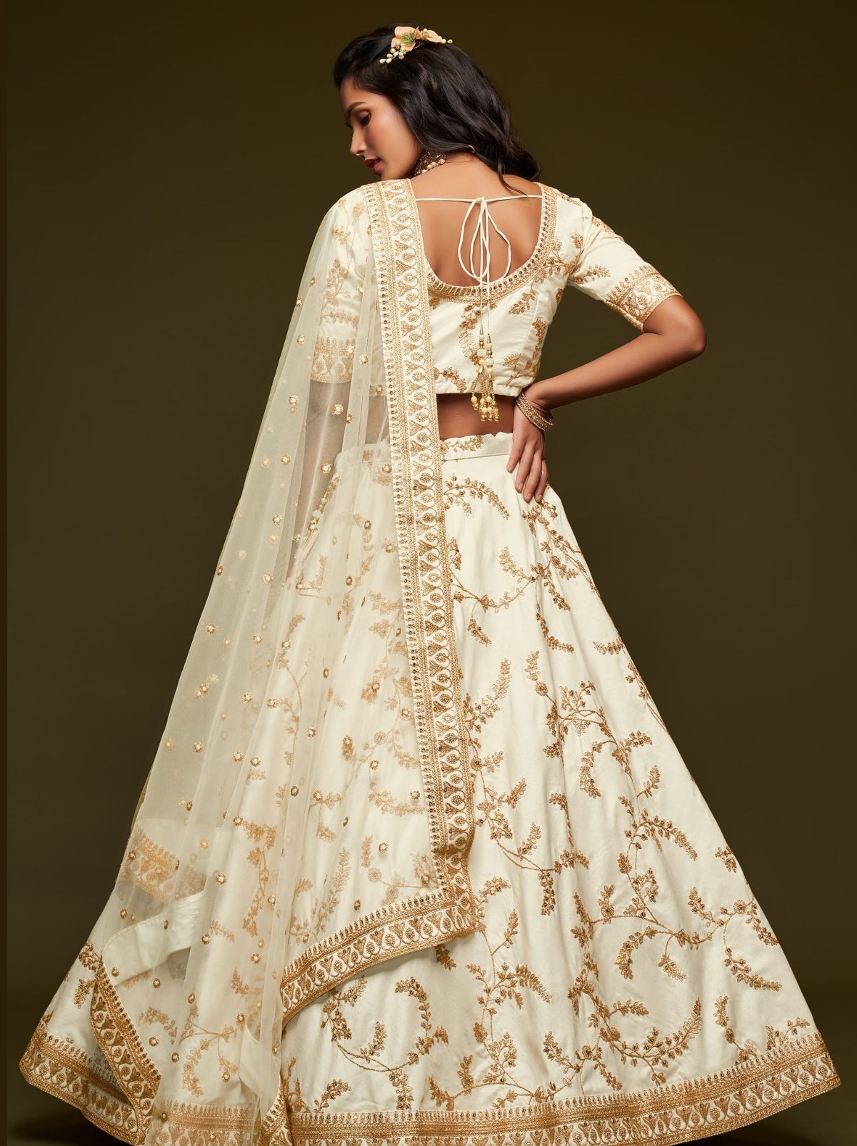 Pearl White Premium Celebration Lehenga Set With Sequin & Zari Work