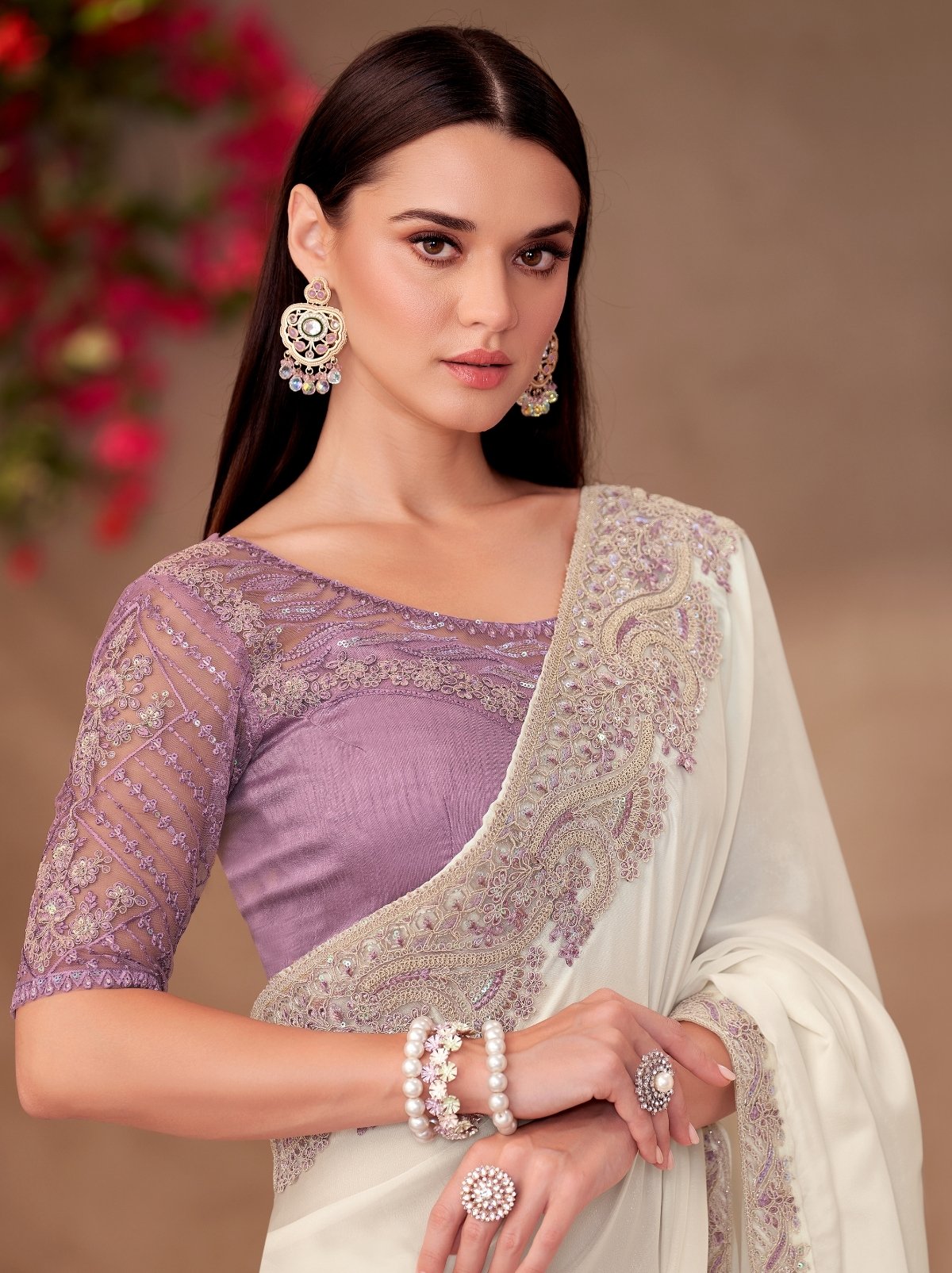 Pearl White Premium Georgette Saree With Blouse Piece