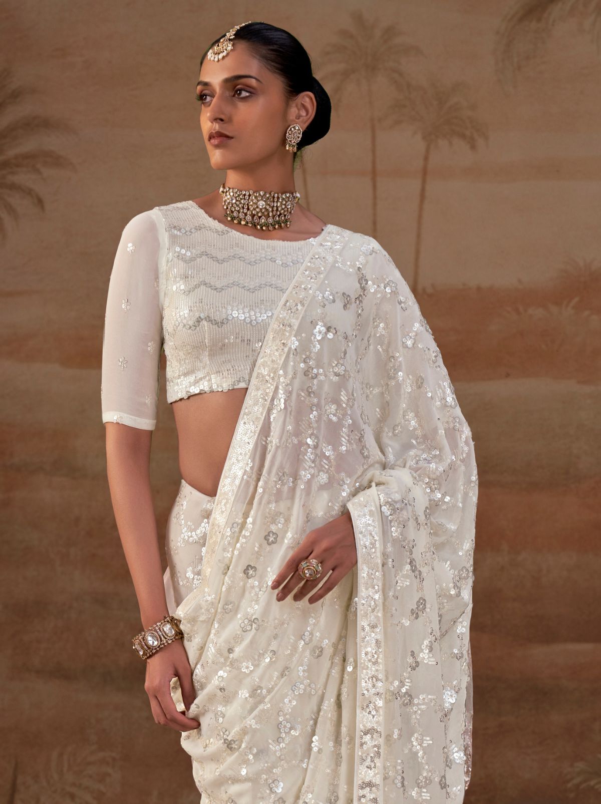White Premium Georgette Silk Saree Sequin & Thread Work