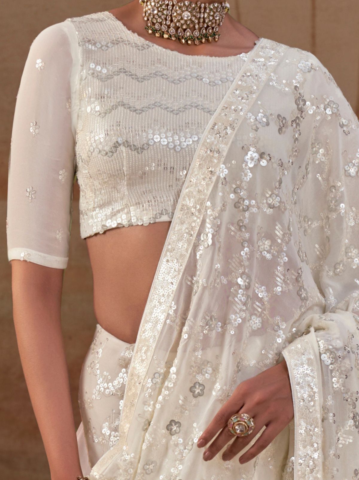 White Premium Georgette Silk Saree Sequin & Thread Work