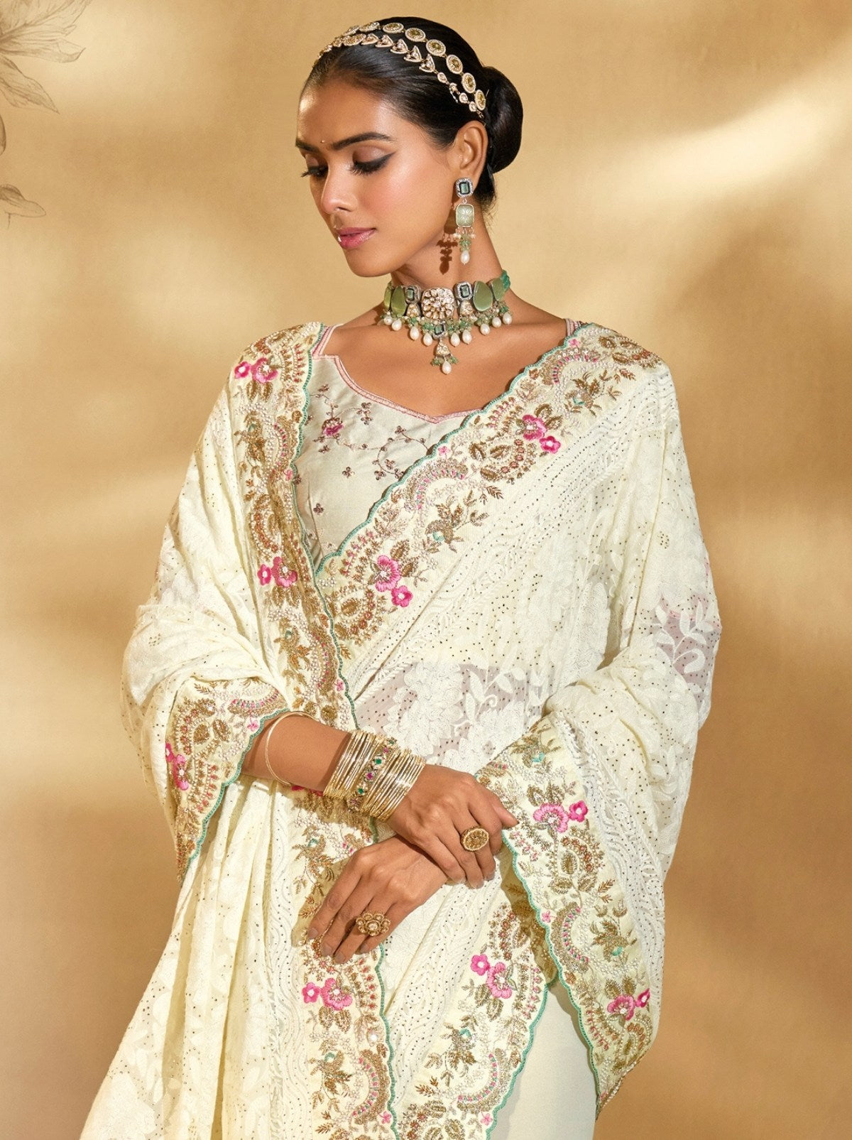 White Premium Georgette Silk Saree With Soft Zari Work