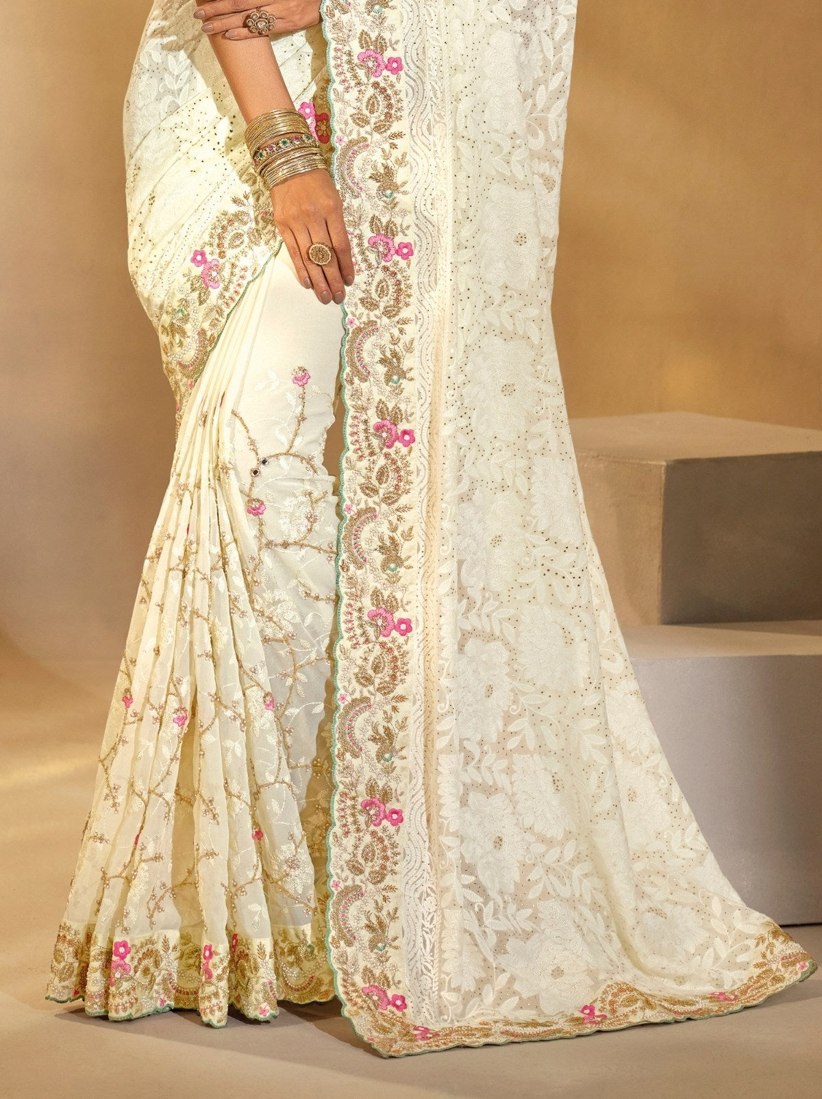 White Premium Georgette Silk Saree With Soft Zari Work