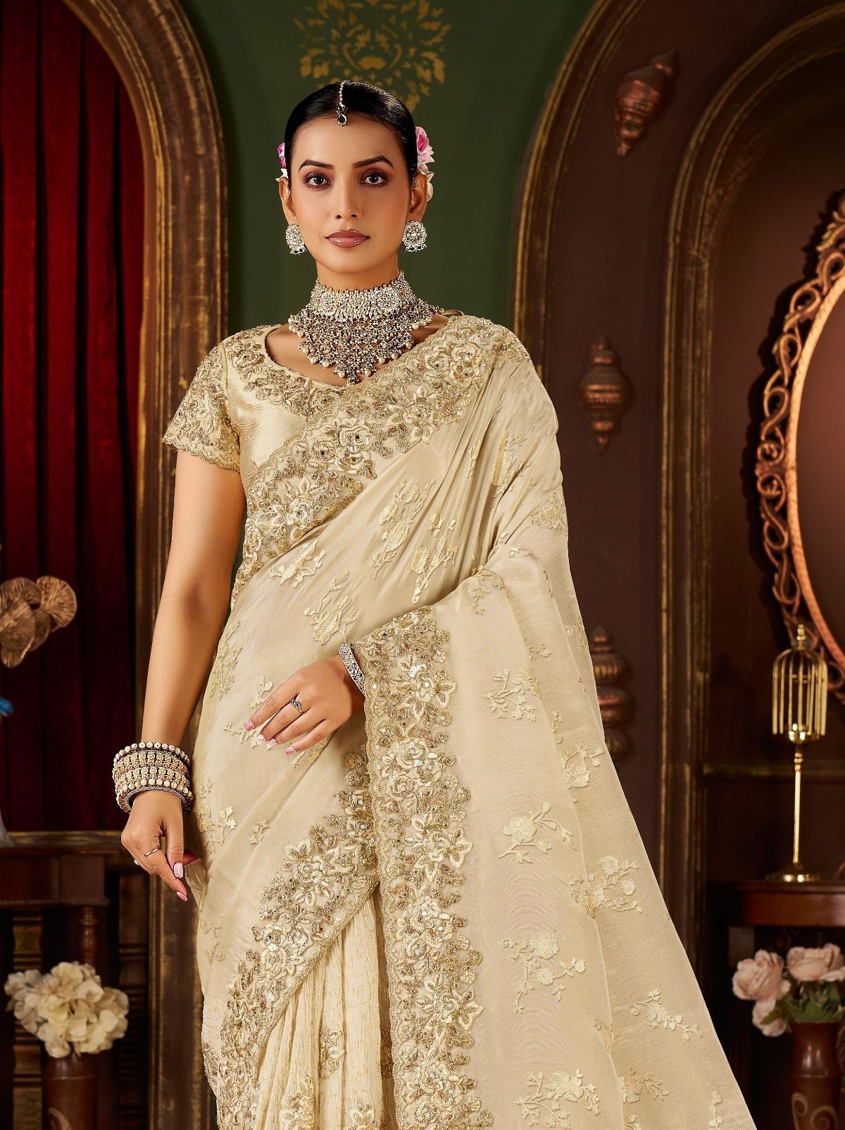 Off White Premium Heavy Work Bridal Saree With Rich Border Design