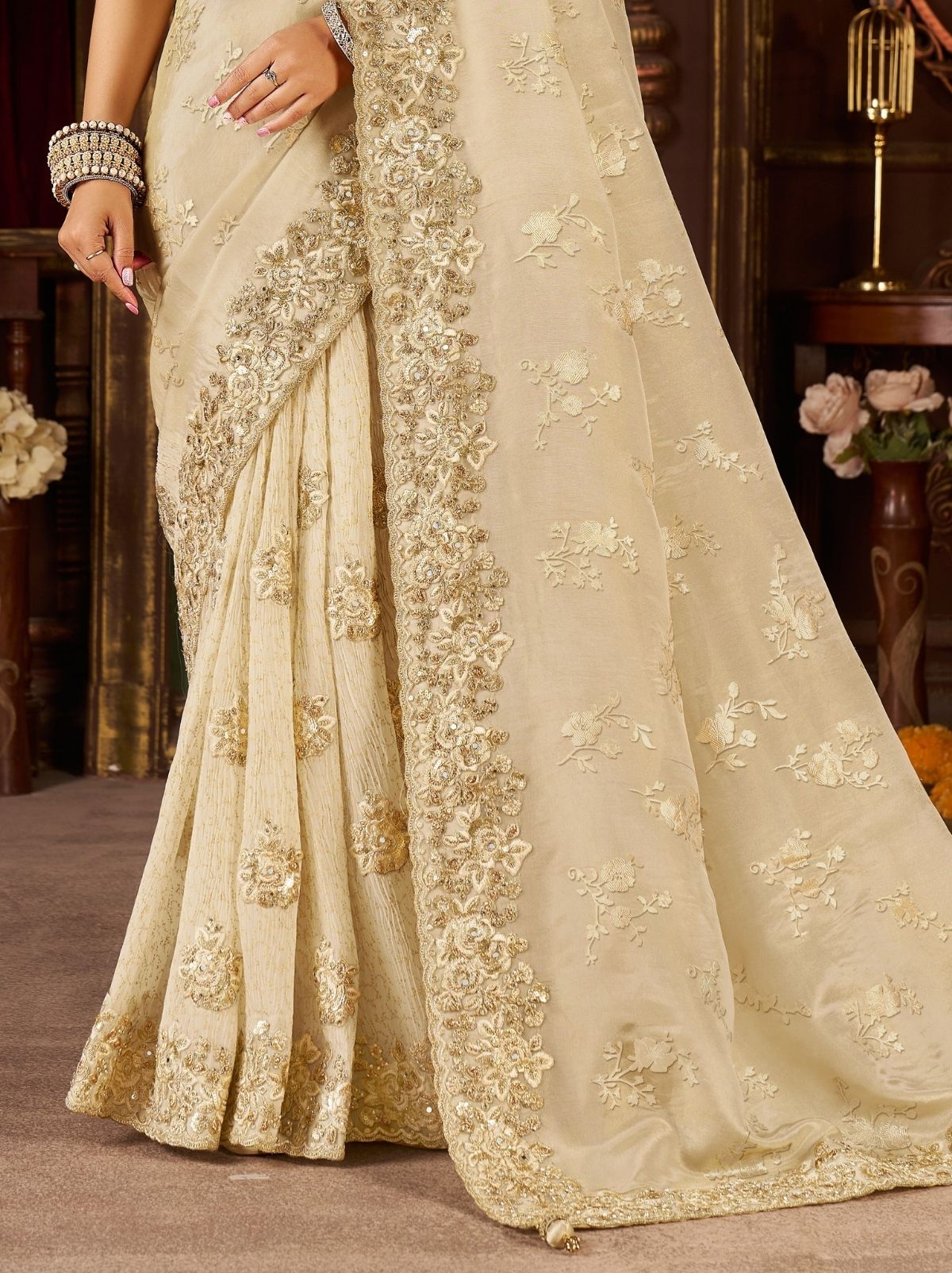 Off White Premium Heavy Work Bridal Saree With Rich Border Design