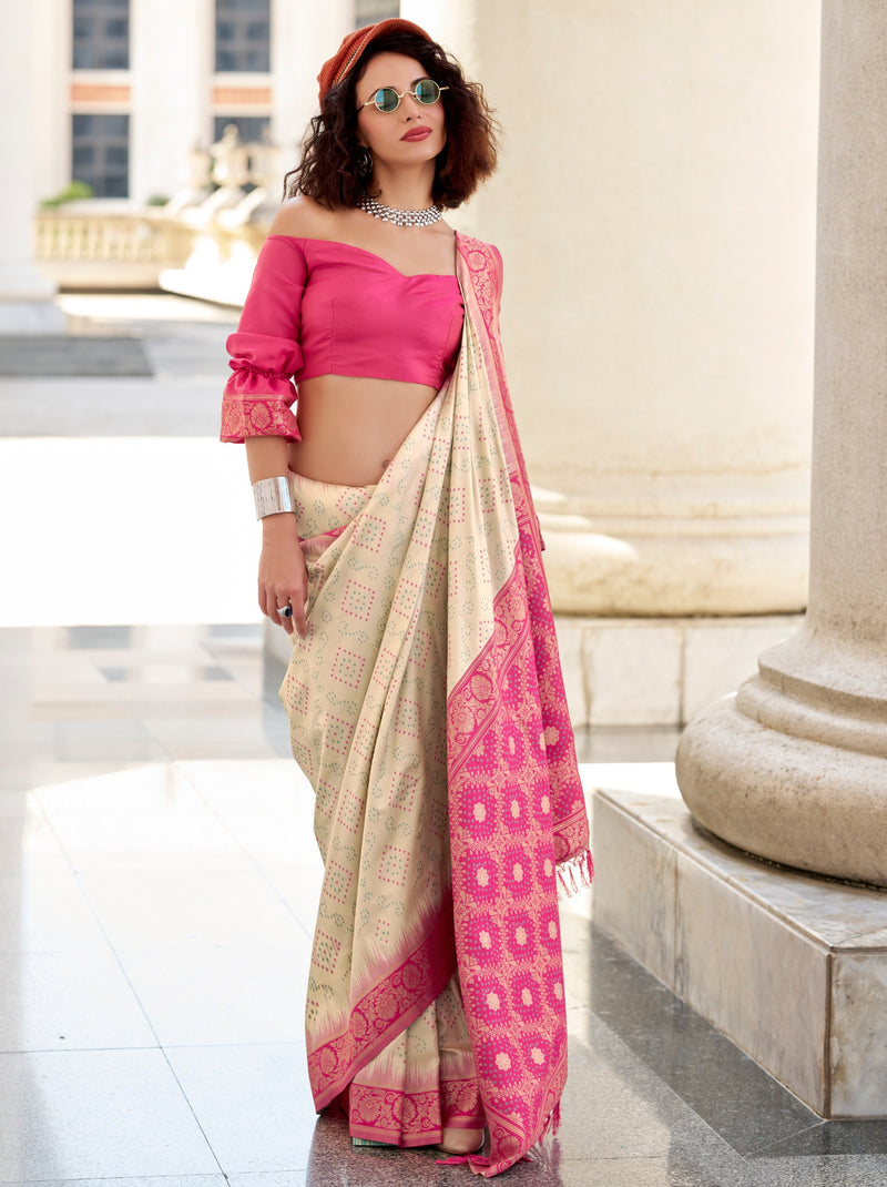 Cream White Luxurious Soft Silk Festive Saree