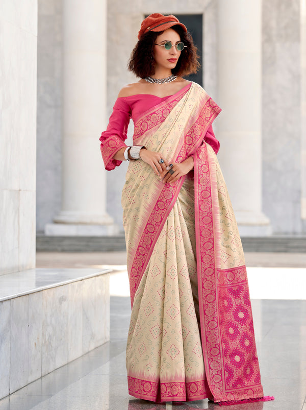 Cream White Luxurious Soft Silk Festive Saree