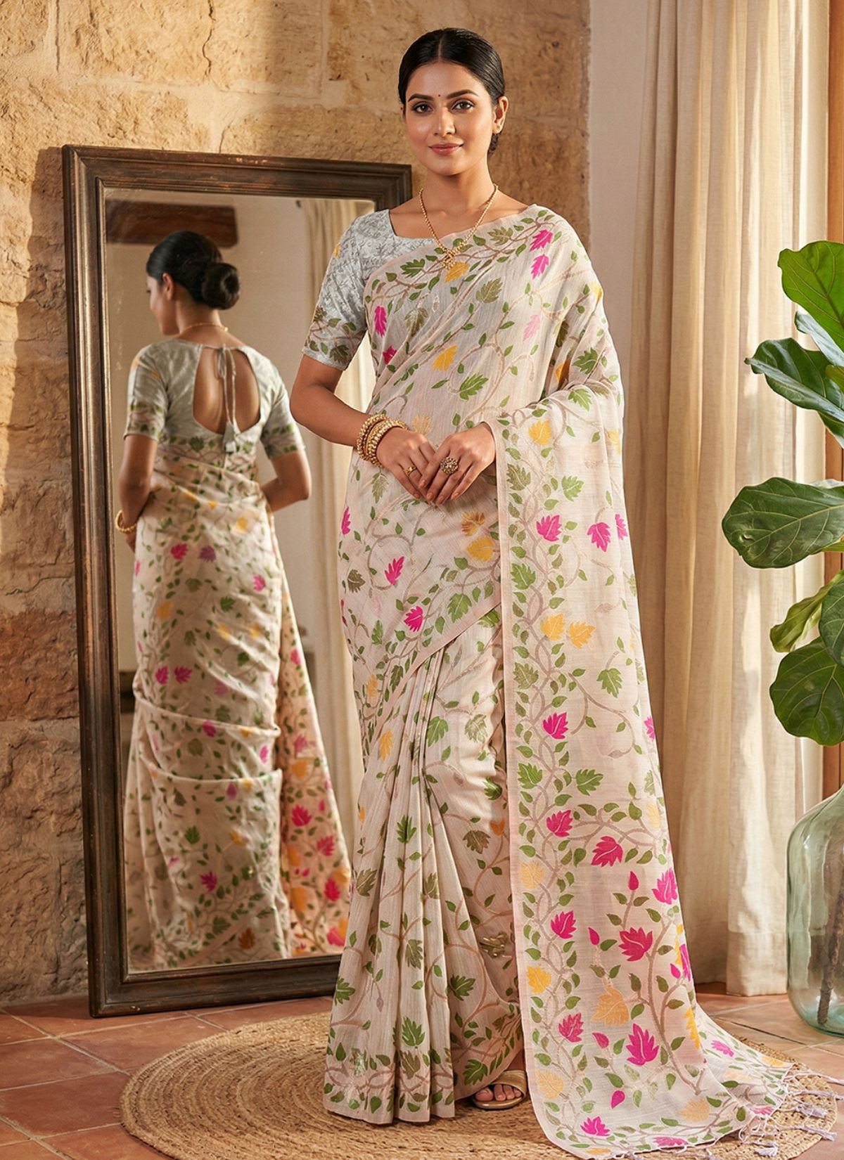 Dove White Premium Linen Cotton Saree With Floral Pattern - TrendOye