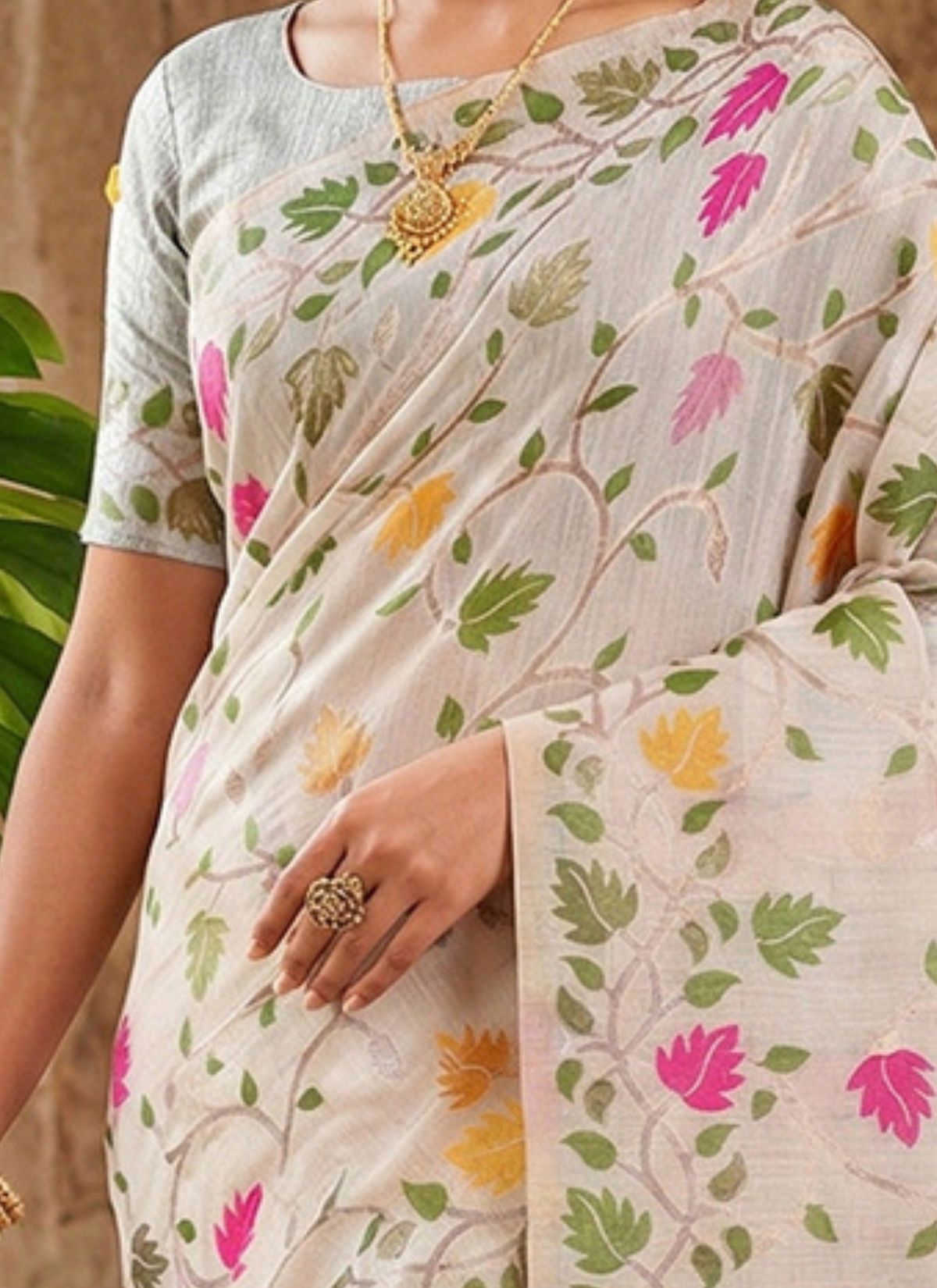 Dove White Premium Linen Cotton Saree With Floral Pattern - TrendOye